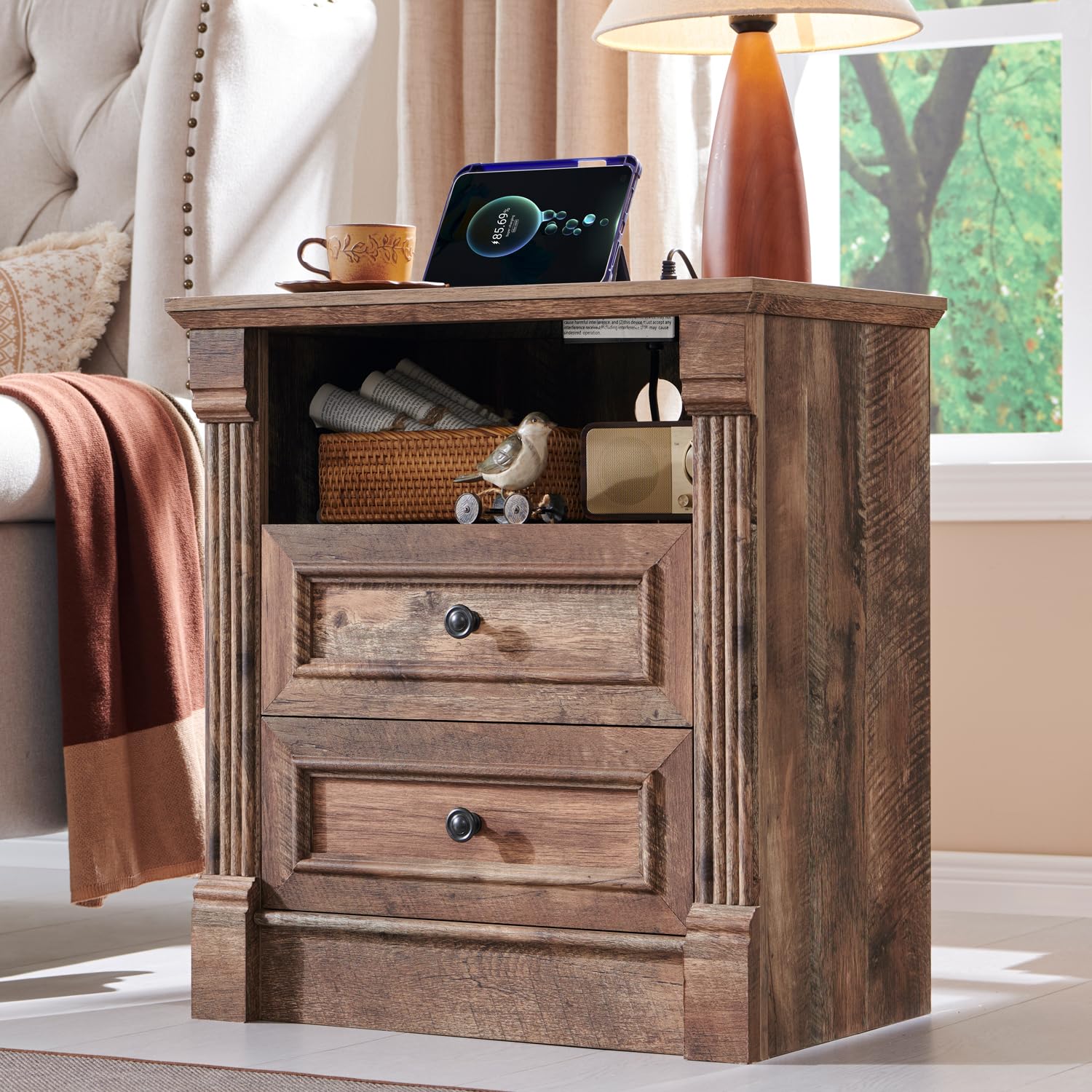 Aitjunz 5 Drawers Dresser for Bedroom, Farmhouse 46" Tall Dressers & Chests of Drawers w/Roman Column, Wood Rustic Closet Dresser w/Two Different Drawer Sizes for Bedroom, Living Room, Light Grey