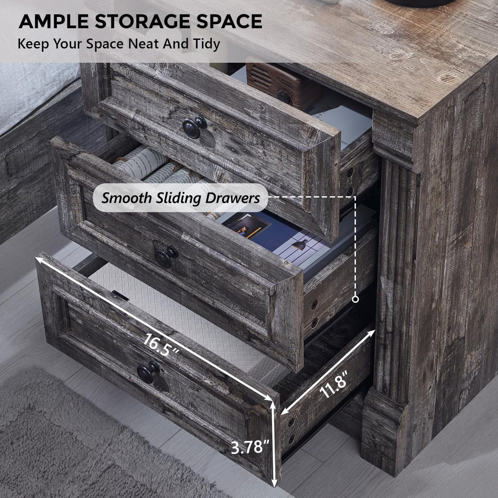 Aitjunz 26" Tall Farmhouse Nightstand Set of 2, 3 Drawers End Table w/Charging Station, 23.6" Wide Large Side Table w/Roman Column, Wood Rustic Sofa Table for Bedroom, Light Gray
