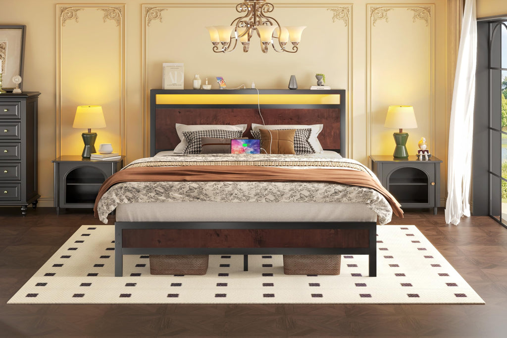 Fluest Queen Bed Frame with Headboard & Footboard, Bed Frame with Built-in Charging Station & LED Light, Storage Shelf, Noise-Free, No Box Spring Needed, Easy Assembly, Classic Black
