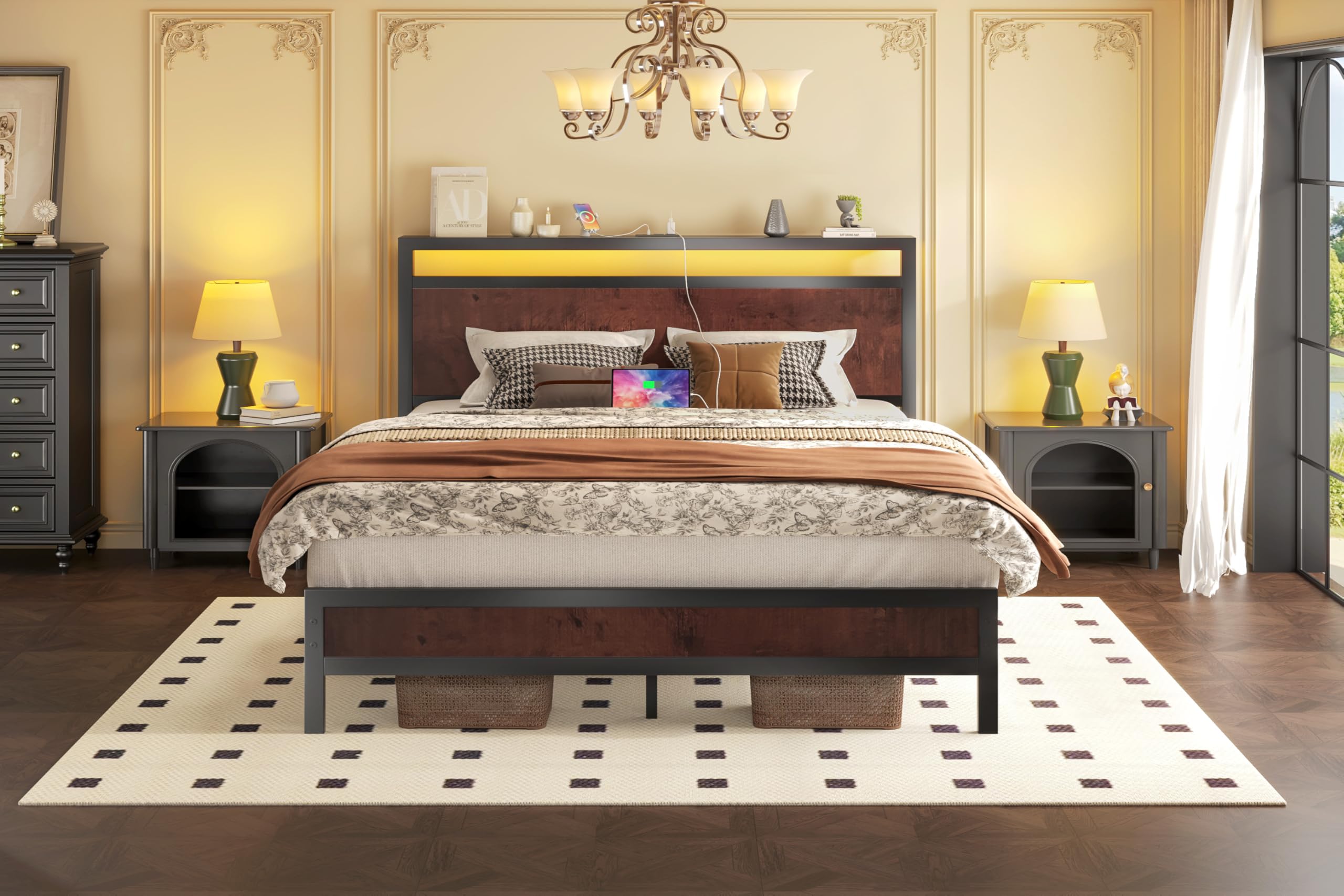 Fluest Queen Bed Frame with Headboard & Footboard, Bed Frame with Built-in Charging Station & LED Light, Storage Shelf, Noise-Free, No Box Spring Needed, Easy Assembly, Classic Black