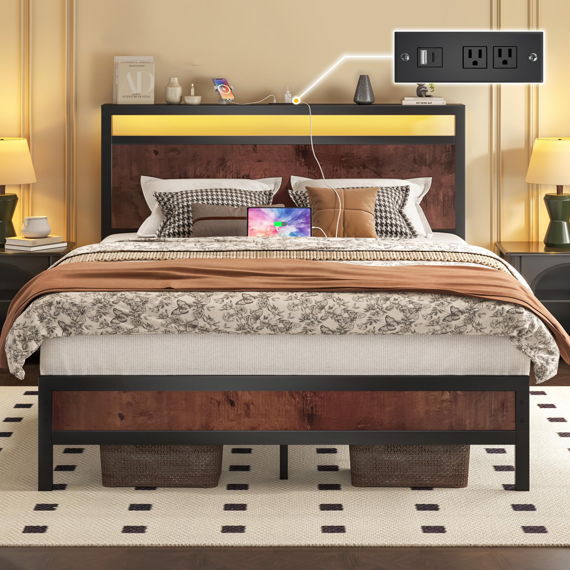 Fluest Queen Bed Frame with Headboard & Footboard, Bed Frame with Built-in Charging Station & LED Light, Storage Shelf, Noise-Free, No Box Spring Needed, Easy Assembly, Classic Black