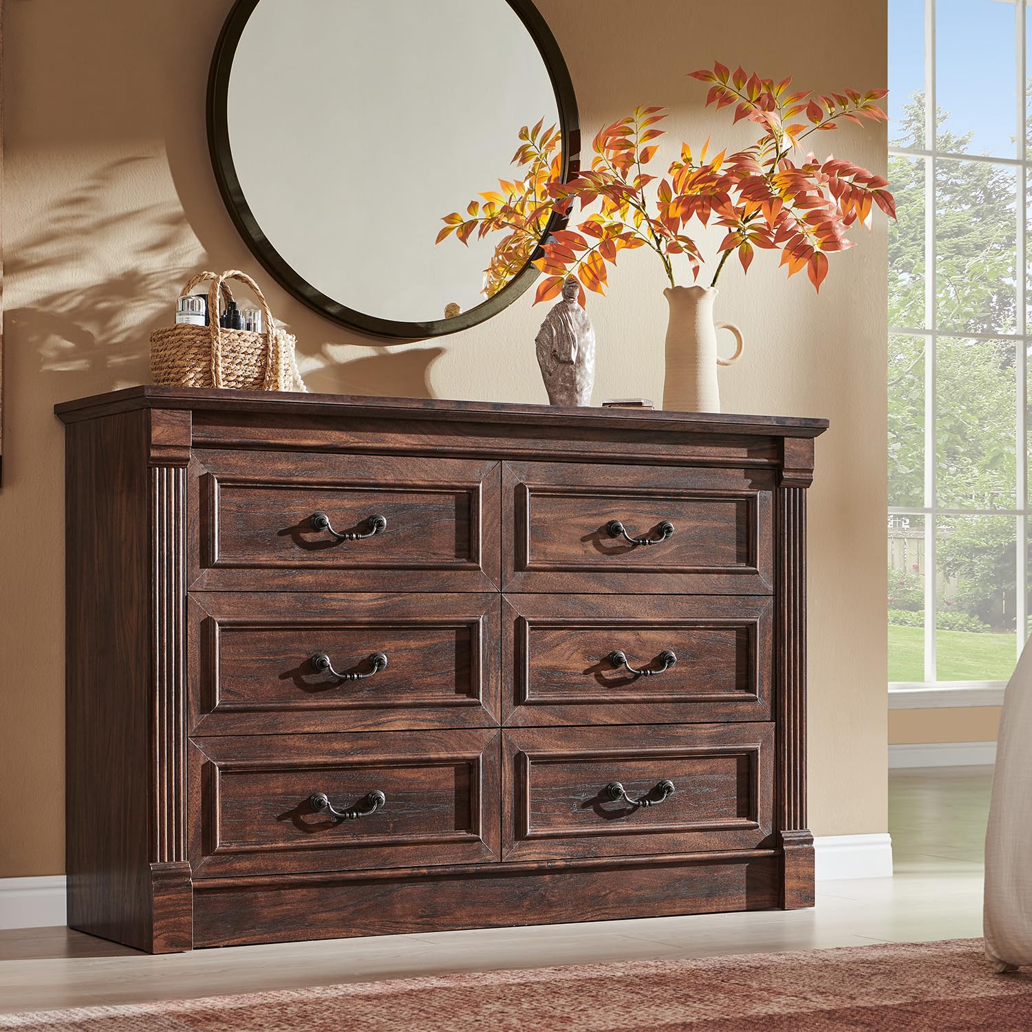 Aitjunz 5 Drawers Dresser for Bedroom, Farmhouse 46" Tall Dressers & Chests of Drawers w/Roman Column, Wood Rustic Closet Dresser w/Two Different Drawer Sizes for Bedroom, Living Room, Light Grey