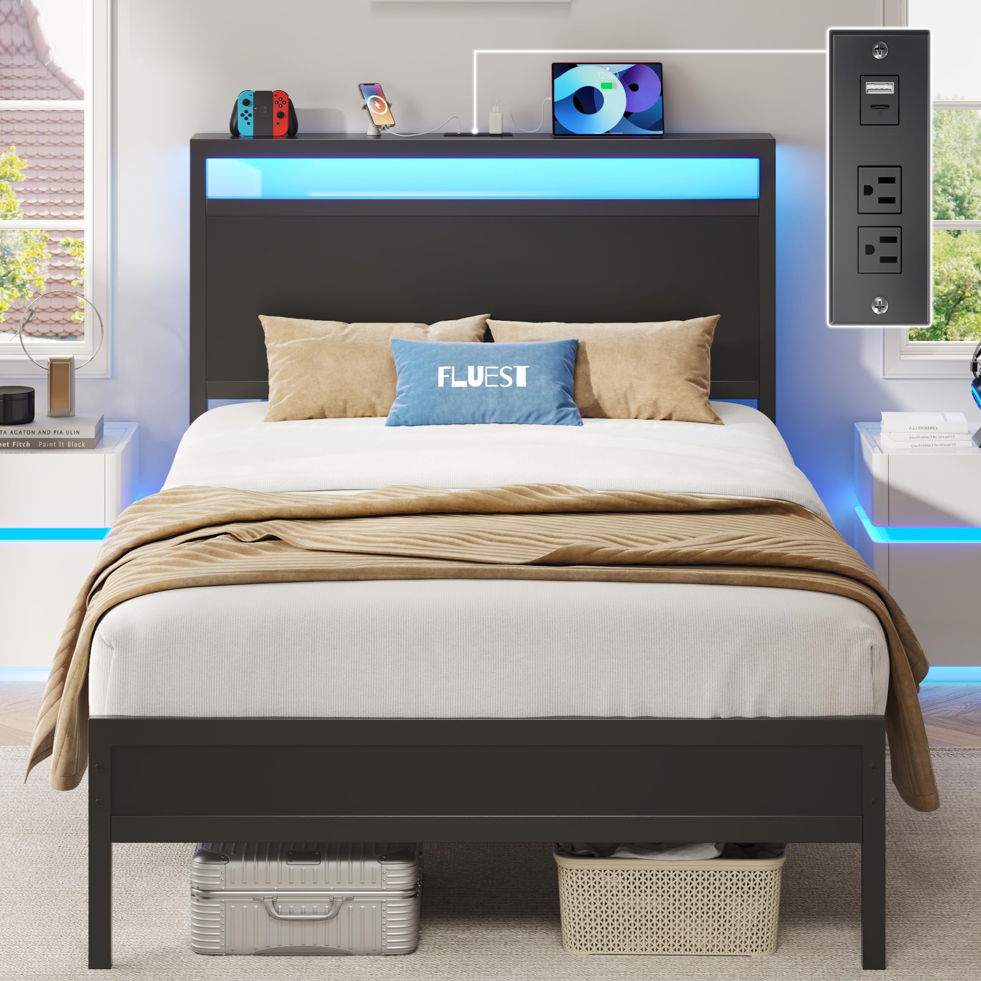 Fluest Queen Bed Frame with Headboard & Footboard, Bed Frame with Built-in Charging Station & LED Light, Storage Shelf, Noise-Free, No Box Spring Needed, Easy Assembly, Classic Black