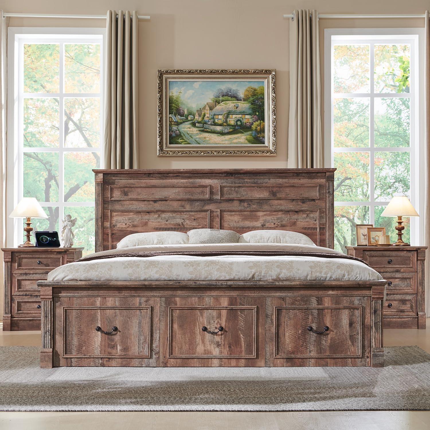 Aitjunz 26" Tall Farmhouse Nightstand Set of 2, 3 Drawers End Table w/Charging Station, 23.6" Wide Large Side Table w/Roman Column, Wood Rustic Sofa Table for Bedroom, Light Gray