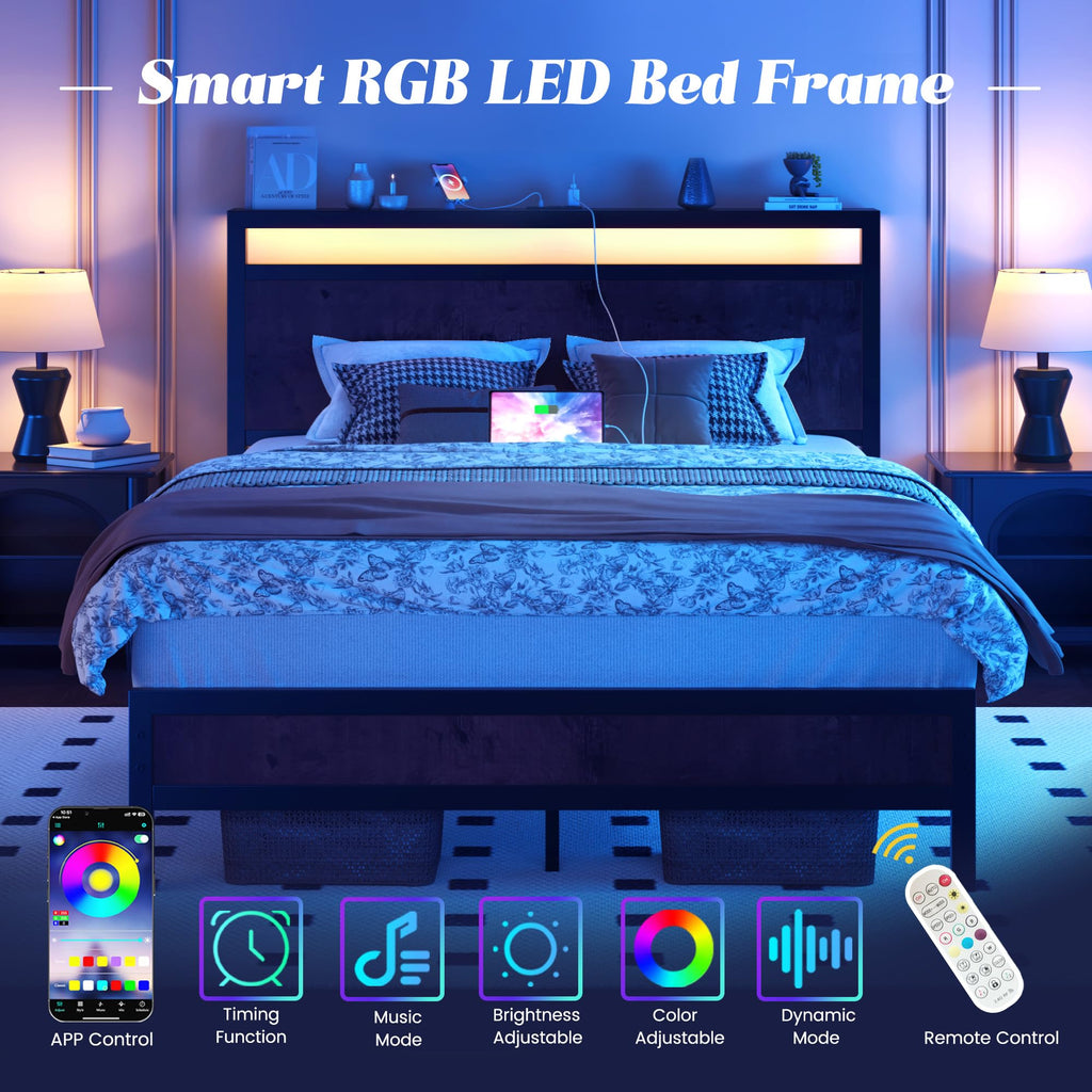 Fluest Queen Bed Frame with Headboard & Footboard, Bed Frame with Built-in Charging Station & LED Light, Storage Shelf, Noise-Free, No Box Spring Needed, Easy Assembly, Classic Black