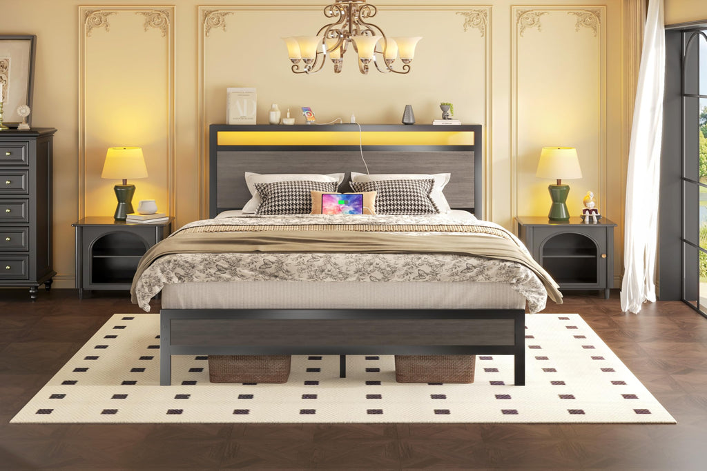 Fluest Queen Bed Frame with Headboard & Footboard, Bed Frame with Built-in Charging Station & LED Light, Storage Shelf, Noise-Free, No Box Spring Needed, Easy Assembly, Classic Black