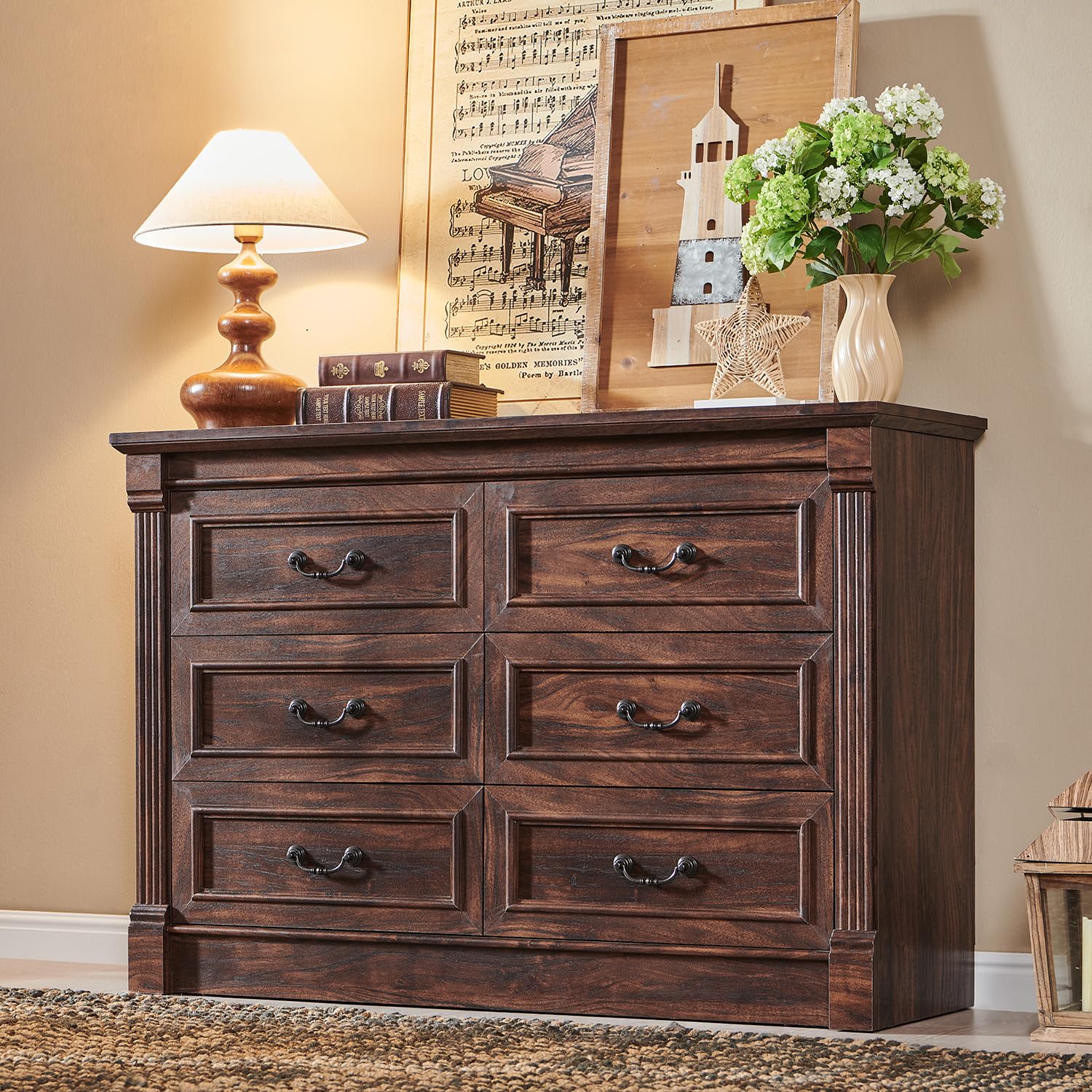 Aitjunz 5 Drawers Dresser for Bedroom, Farmhouse 46" Tall Dressers & Chests of Drawers w/Roman Column, Wood Rustic Closet Dresser w/Two Different Drawer Sizes for Bedroom, Living Room, Light Grey