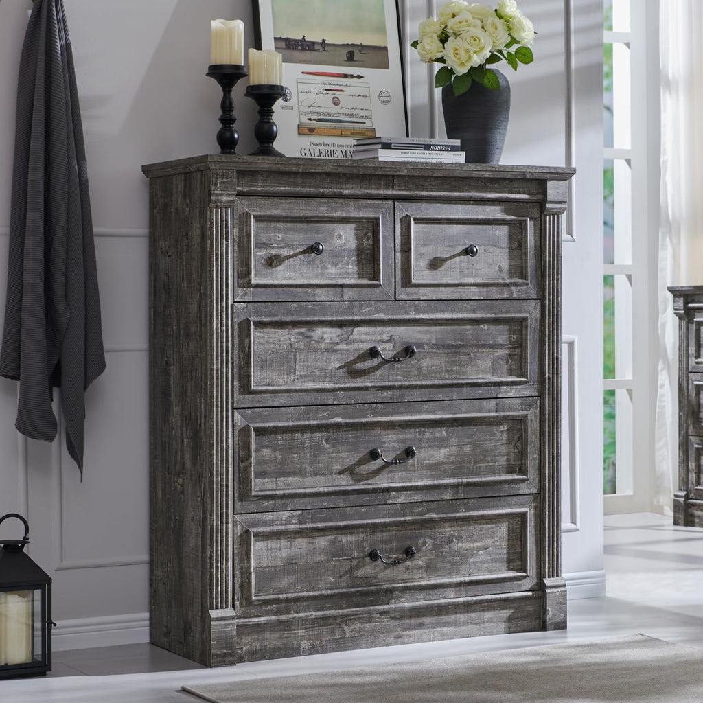Aitjunz 5 Drawers Dresser for Bedroom, Farmhouse 46" Tall Dressers & Chests of Drawers w/Roman Column, Wood Rustic Closet Dresser w/Two Different Drawer Sizes for Bedroom, Living Room, Light Grey