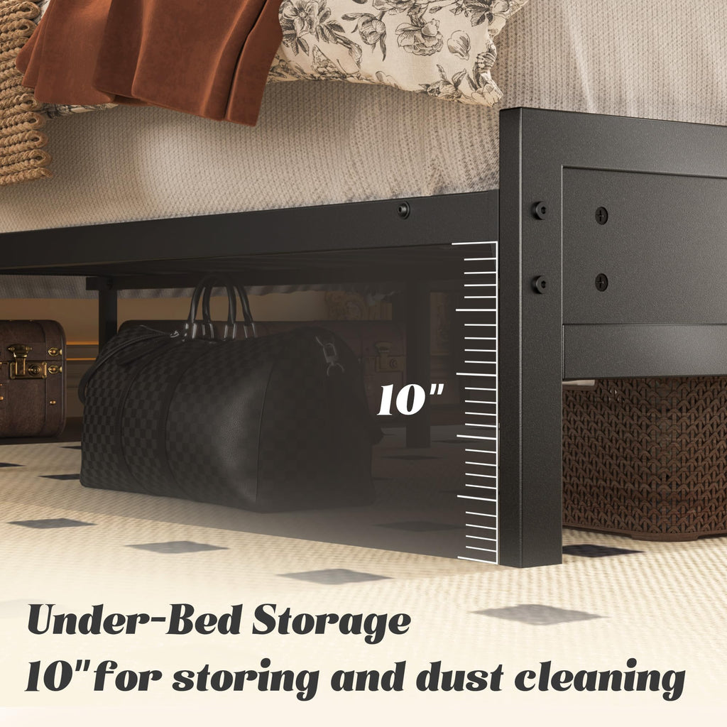 Fluest Queen Bed Frame with Headboard & Footboard, Bed Frame with Built-in Charging Station & LED Light, Storage Shelf, Noise-Free, No Box Spring Needed, Easy Assembly, Classic Black
