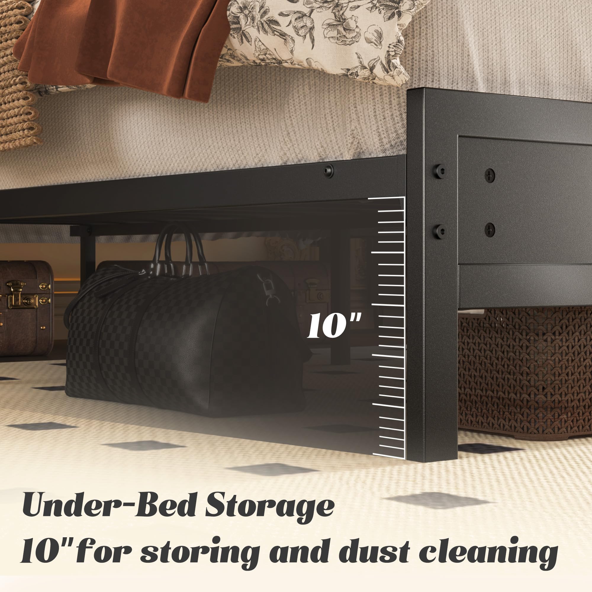 Fluest Queen Bed Frame with Headboard & Footboard, Bed Frame with Built-in Charging Station & LED Light, Storage Shelf, Noise-Free, No Box Spring Needed, Easy Assembly, Classic Black