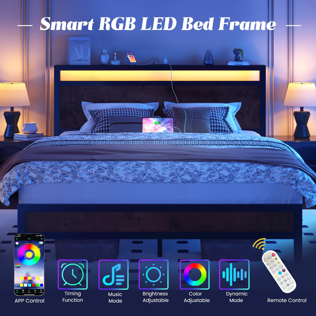 Fluest Queen Bed Frame with Headboard & Footboard, Bed Frame with Built-in Charging Station & LED Light, Storage Shelf, Noise-Free, No Box Spring Needed, Easy Assembly, Classic Black