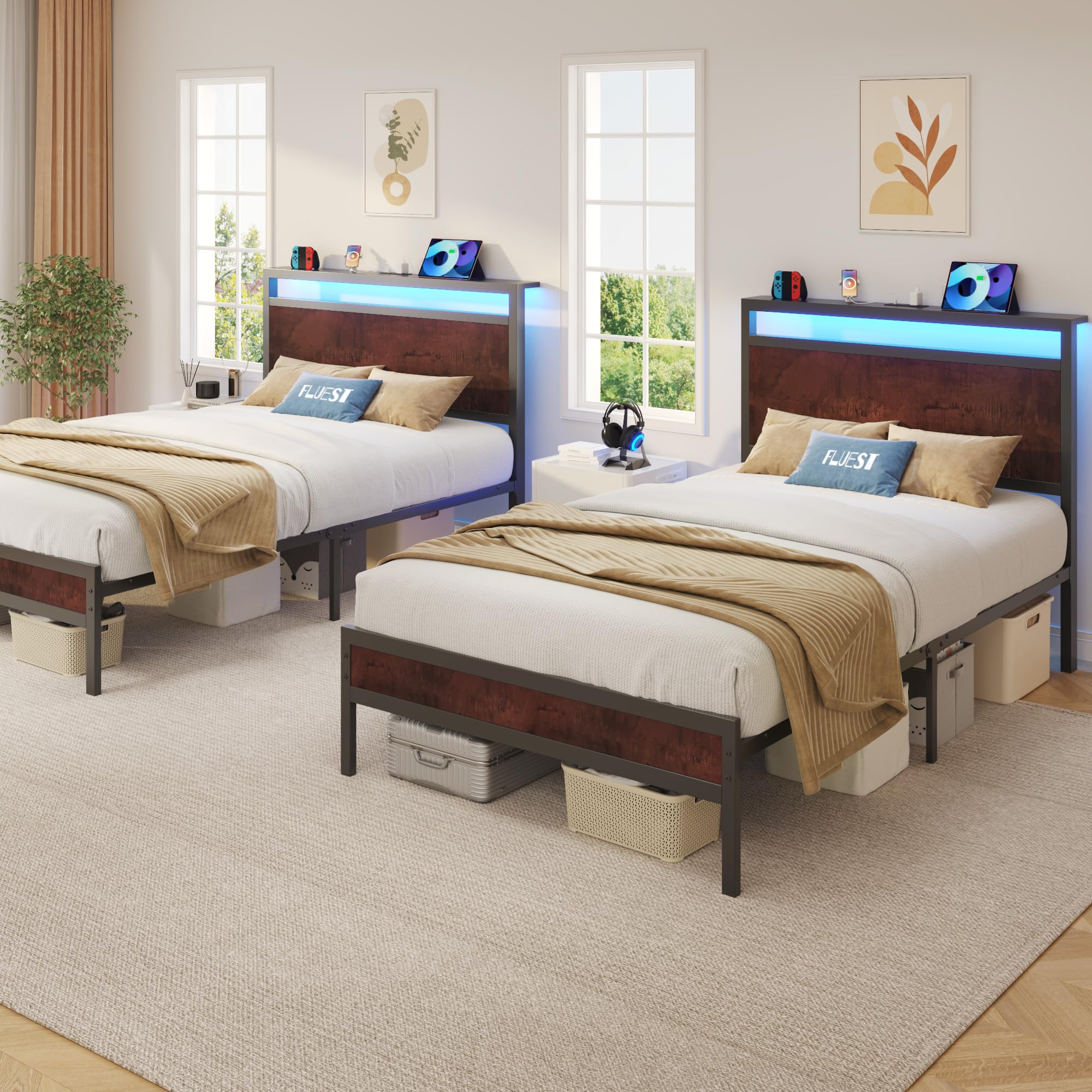 Fluest Queen Bed Frame with Headboard & Footboard, Bed Frame with Built-in Charging Station & LED Light, Storage Shelf, Noise-Free, No Box Spring Needed, Easy Assembly, Classic Black