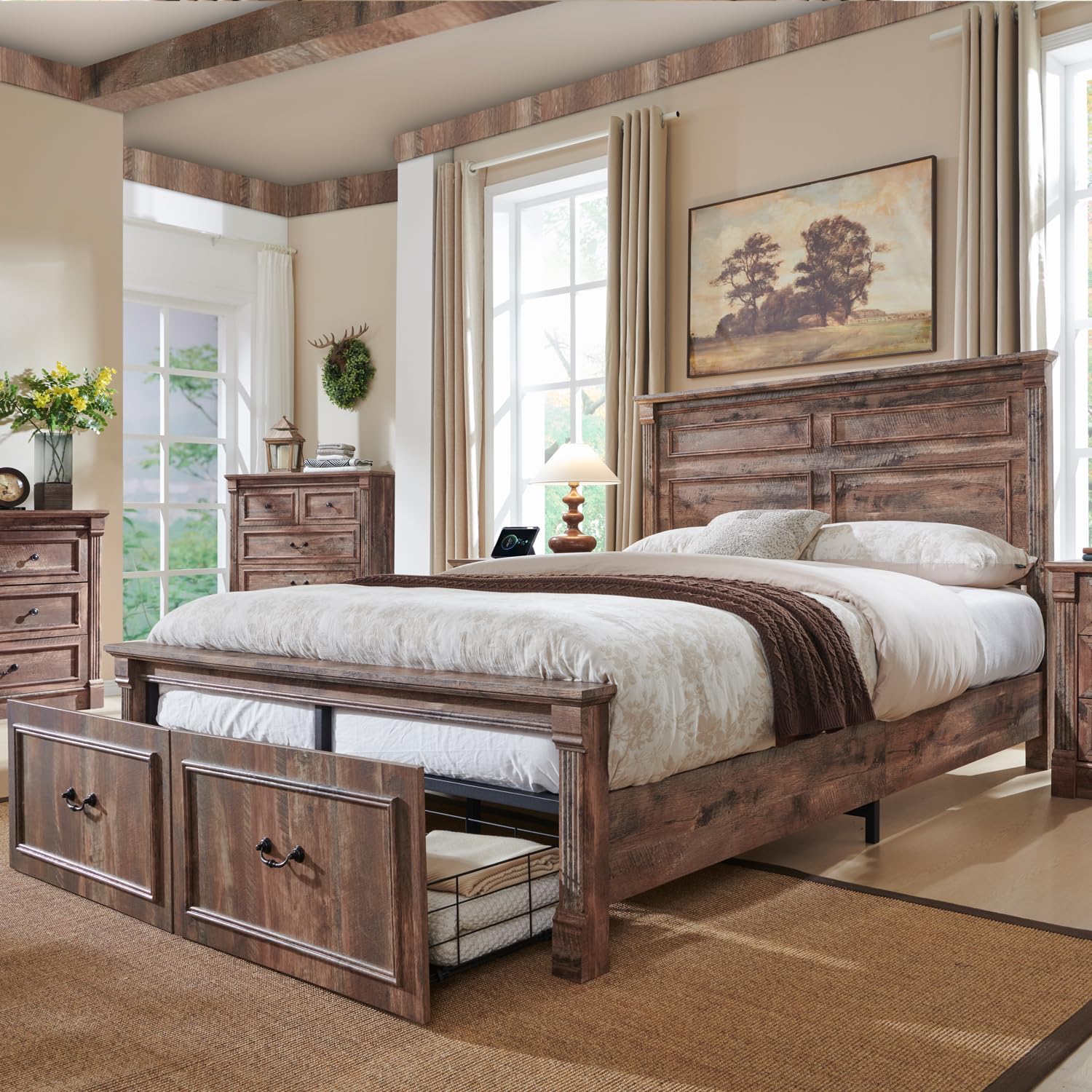 Aitjunz Farmhouse Queen Size Bed Frame with 51" Tall Headboard, Wood Platform Bed Frame with 20" Tall Roman Column Decoration Footboard & 2 Large Storage Drawers, No Box Spring Needed (Light Grey)