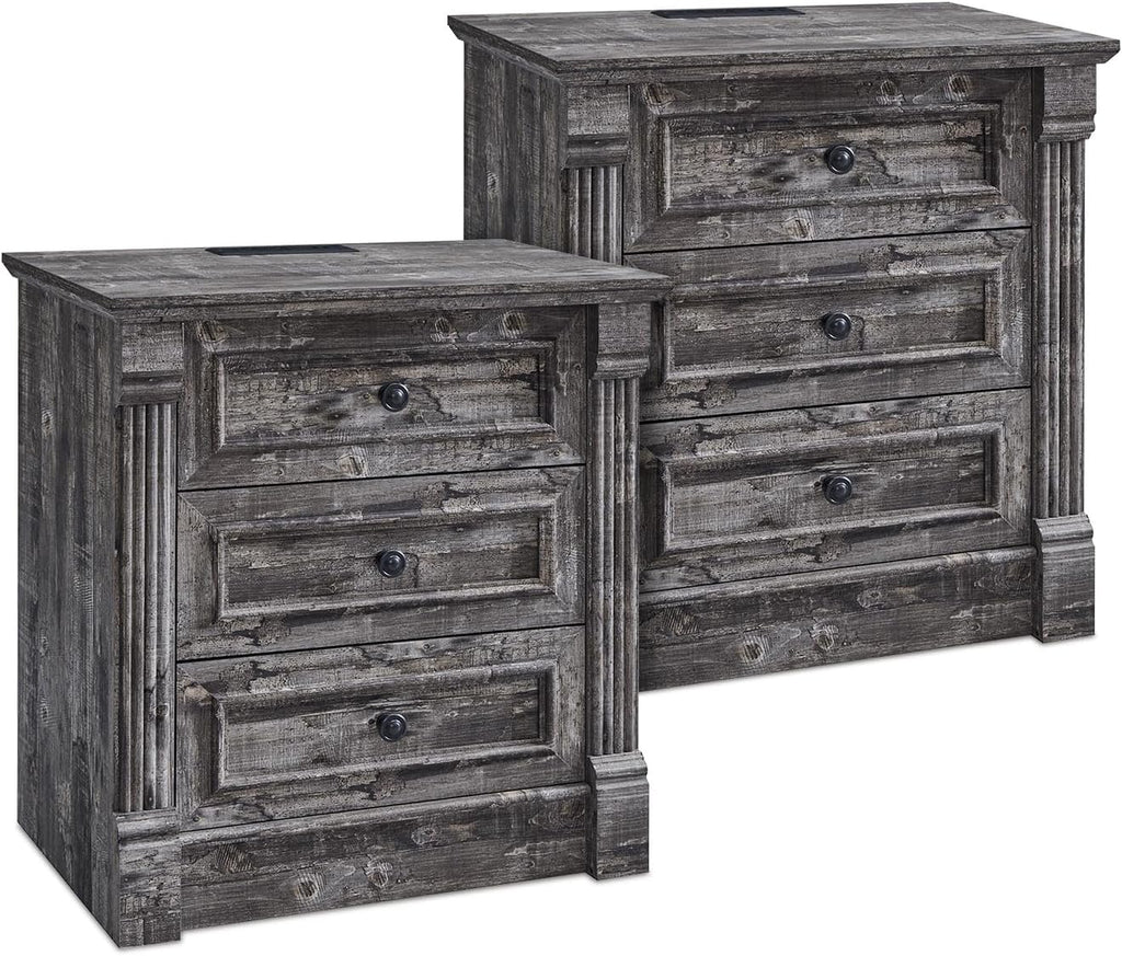 Aitjunz 26" Tall Farmhouse Nightstand Set of 2, 3 Drawers End Table w/Charging Station, 23.6" Wide Large Side Table w/Roman Column, Wood Rustic Sofa Table for Bedroom, Light Gray