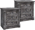 Aitjunz 26" Tall Farmhouse Nightstand Set of 2, 3 Drawers End Table w/Charging Station, 23.6" Wide Large Side Table w/Roman Column, Wood Rustic Sofa Table for Bedroom, Light Gray