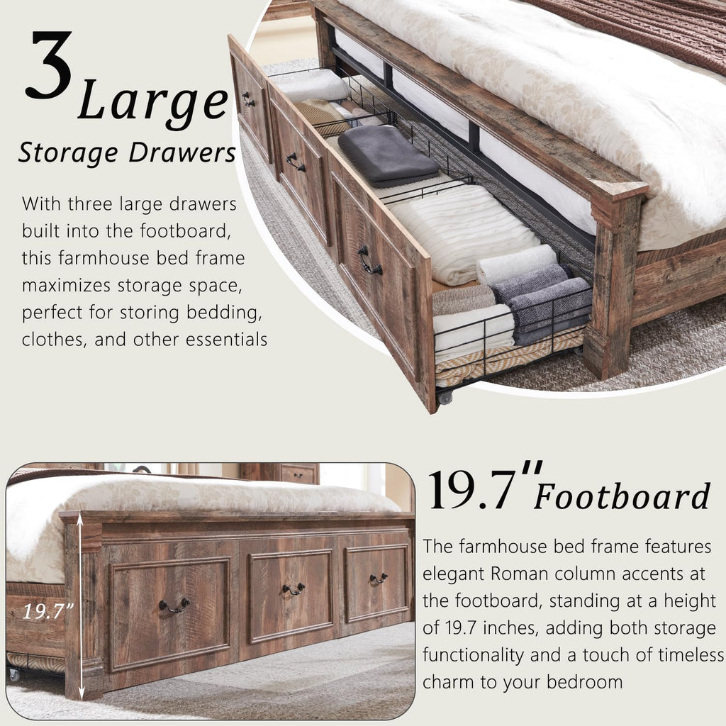 Aitjunz Farmhouse Queen Size Bed Frame with 51" Tall Headboard, Wood Platform Bed Frame with 20" Tall Roman Column Decoration Footboard & 2 Large Storage Drawers, No Box Spring Needed (Light Grey)