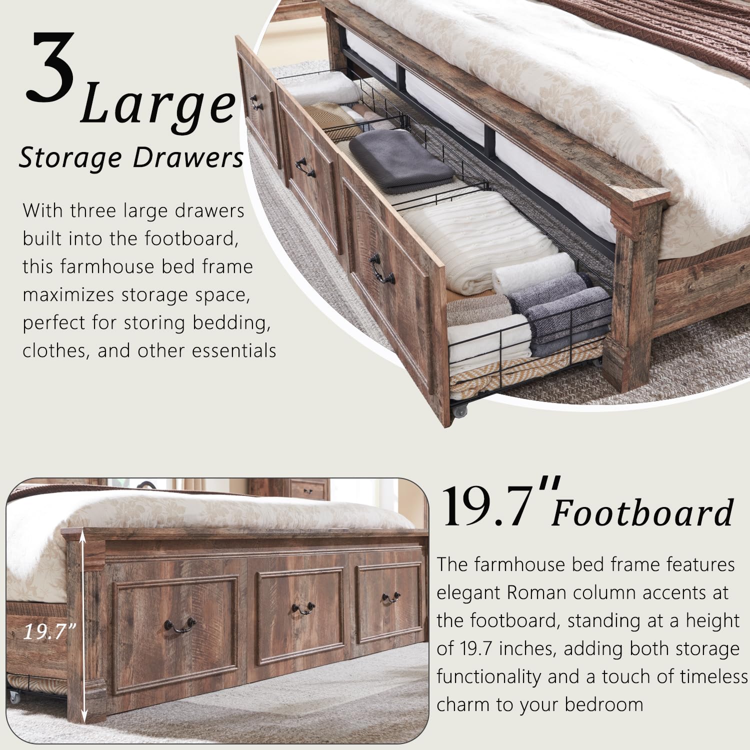 Aitjunz Farmhouse Queen Size Bed Frame with 51" Tall Headboard, Wood Platform Bed Frame with 20" Tall Roman Column Decoration Footboard & 2 Large Storage Drawers, No Box Spring Needed (Light Grey)