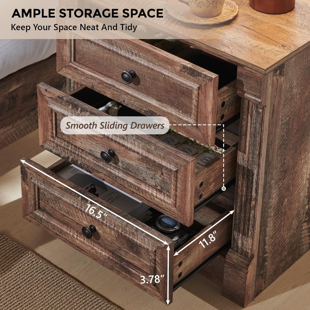 Aitjunz 26" Tall Farmhouse Nightstand Set of 2, 3 Drawers End Table w/Charging Station, 23.6" Wide Large Side Table w/Roman Column, Wood Rustic Sofa Table for Bedroom, Light Gray