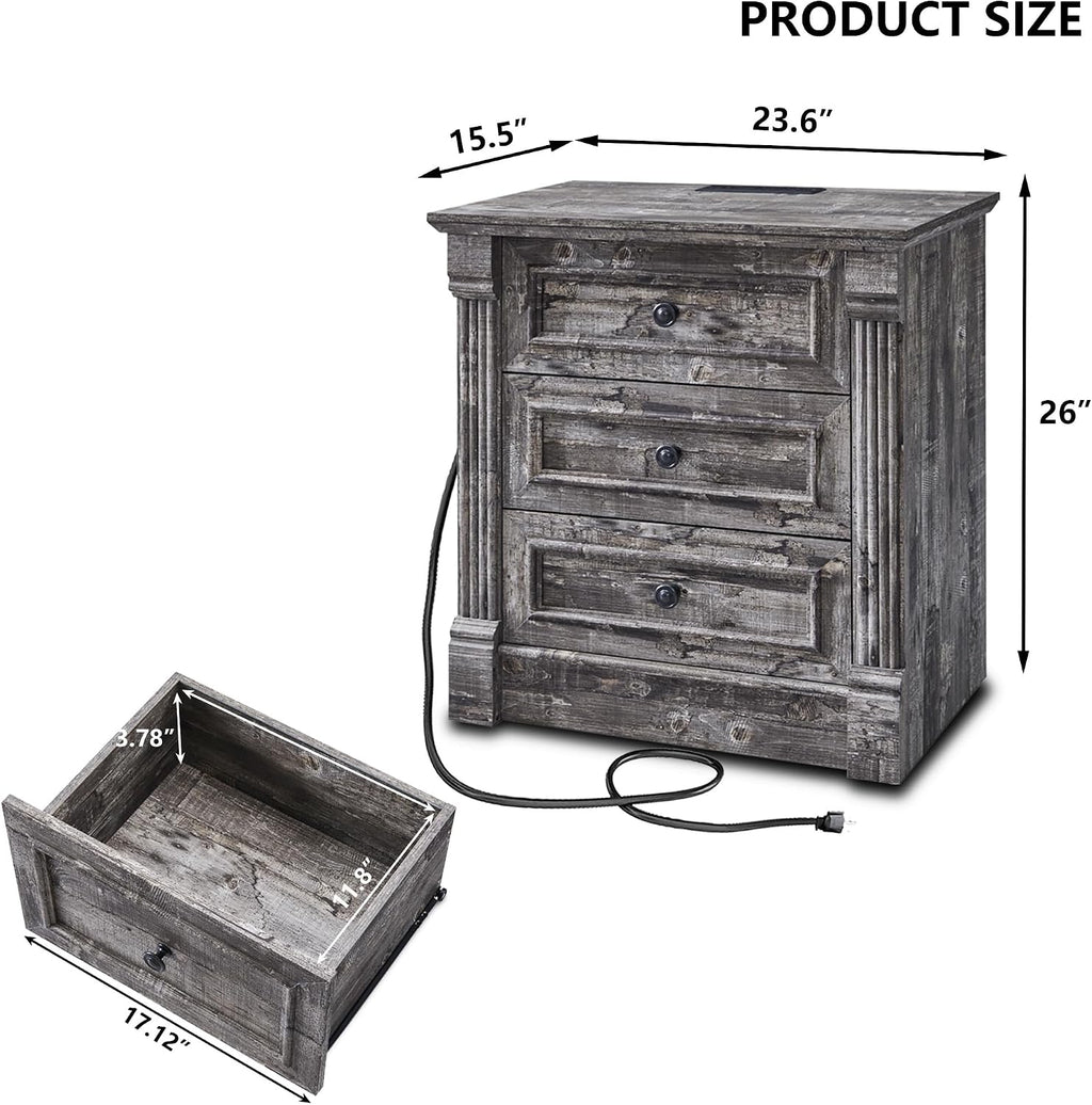 Aitjunz 26" Tall Farmhouse Nightstand Set of 2, 3 Drawers End Table w/Charging Station, 23.6" Wide Large Side Table w/Roman Column, Wood Rustic Sofa Table for Bedroom, Light Gray