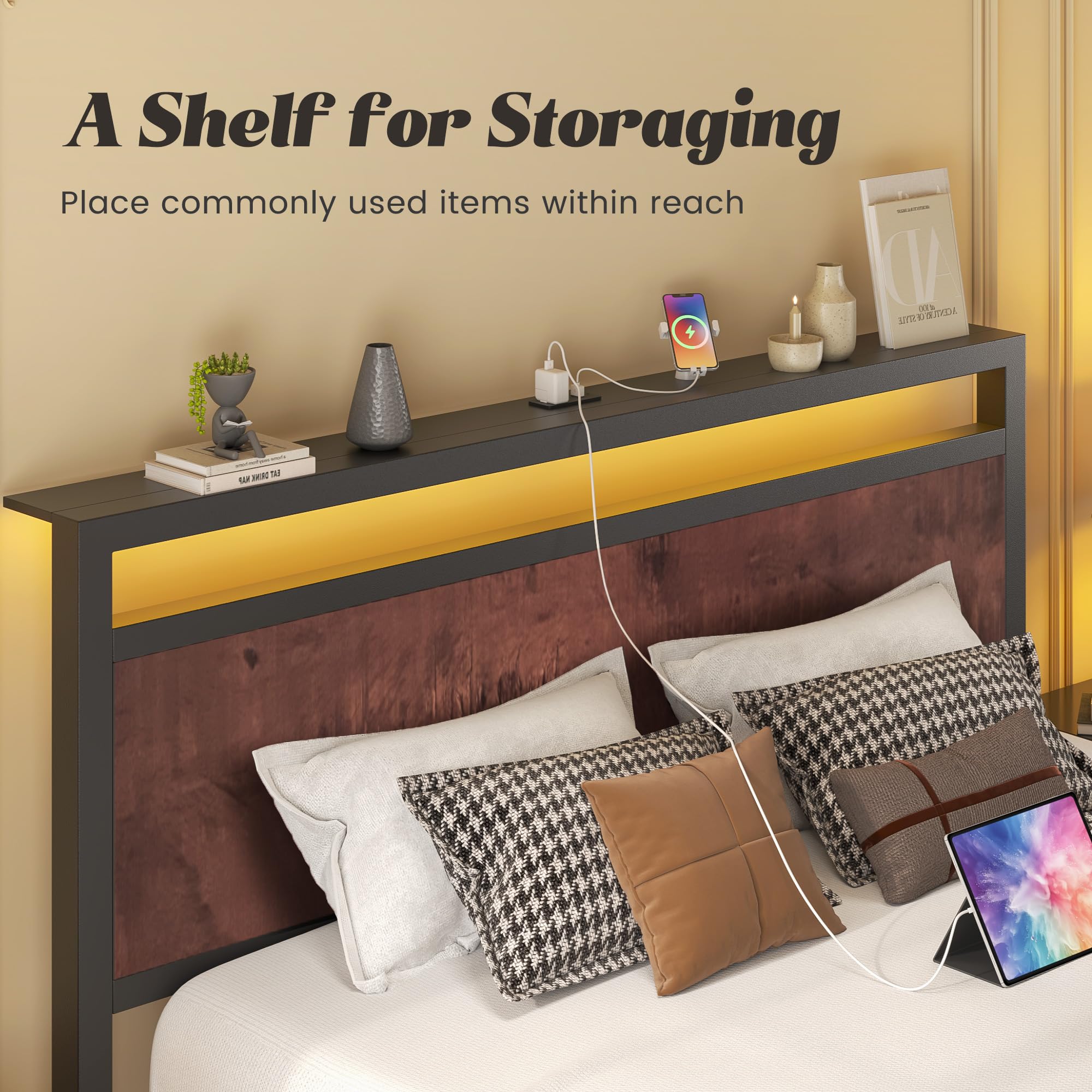 Fluest Queen Bed Frame with Headboard & Footboard, Bed Frame with Built-in Charging Station & LED Light, Storage Shelf, Noise-Free, No Box Spring Needed, Easy Assembly, Classic Black