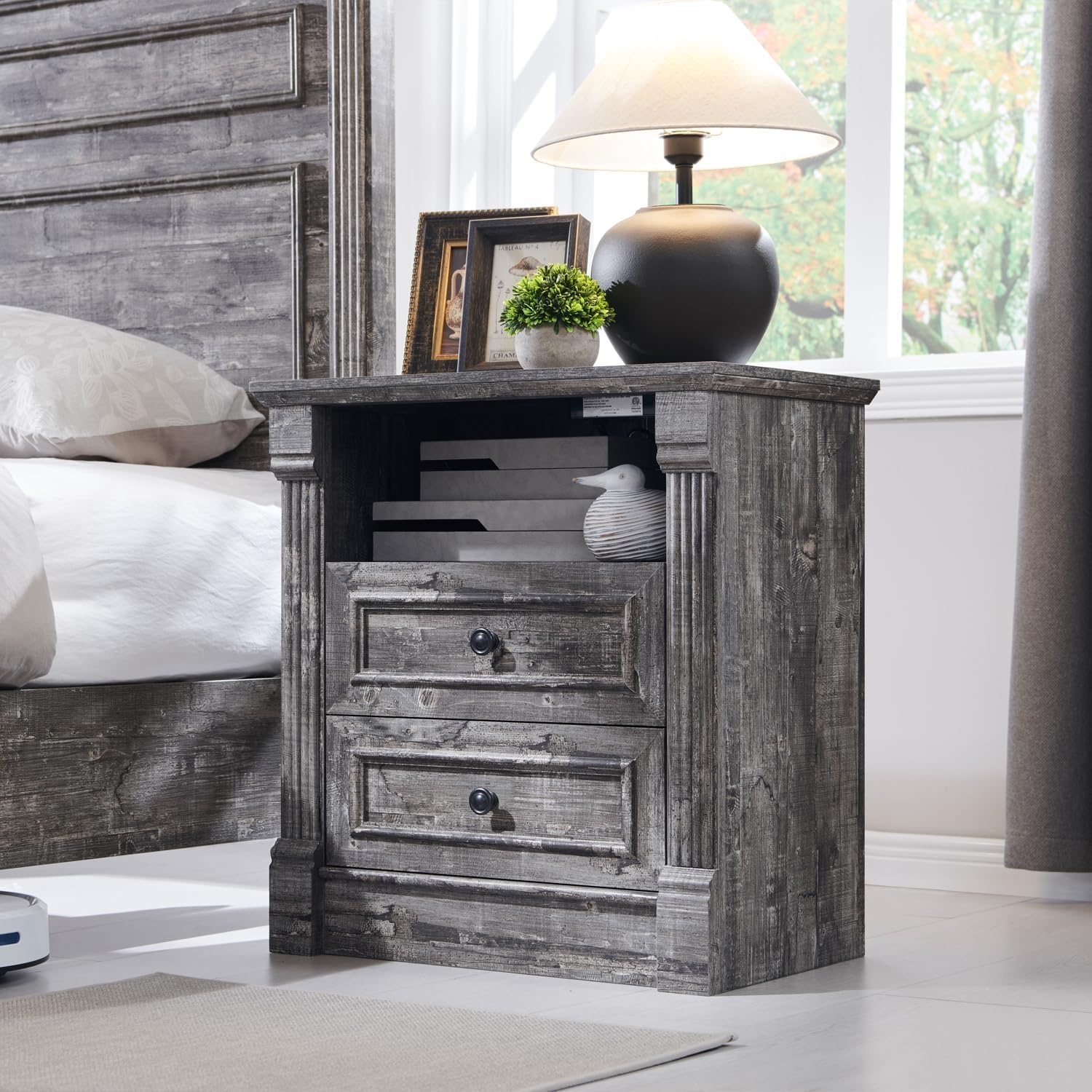 Aitjunz 26" Tall Farmhouse Nightstand Set of 2, 3 Drawers End Table w/Charging Station, 23.6" Wide Large Side Table w/Roman Column, Wood Rustic Sofa Table for Bedroom, Light Gray
