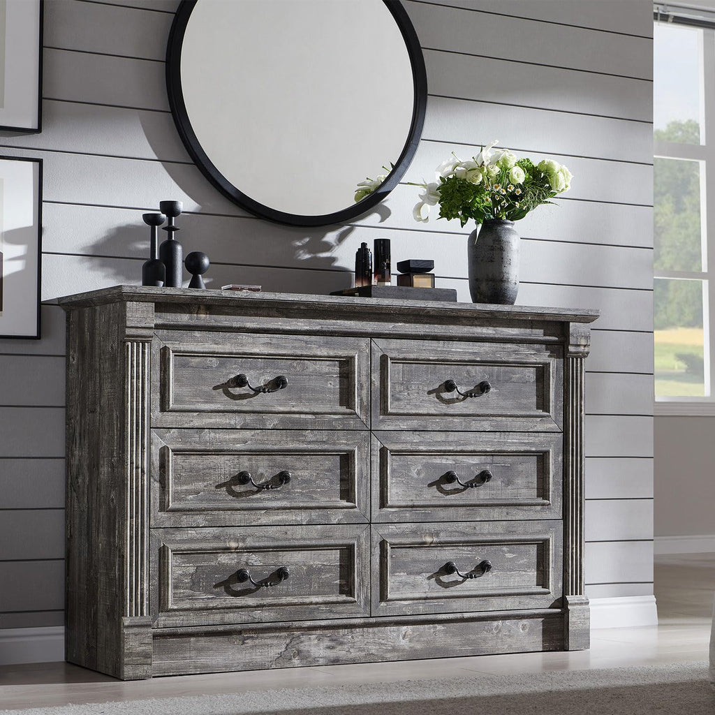 Aitjunz 5 Drawers Dresser for Bedroom, Farmhouse 46" Tall Dressers & Chests of Drawers w/Roman Column, Wood Rustic Closet Dresser w/Two Different Drawer Sizes for Bedroom, Living Room, Light Grey