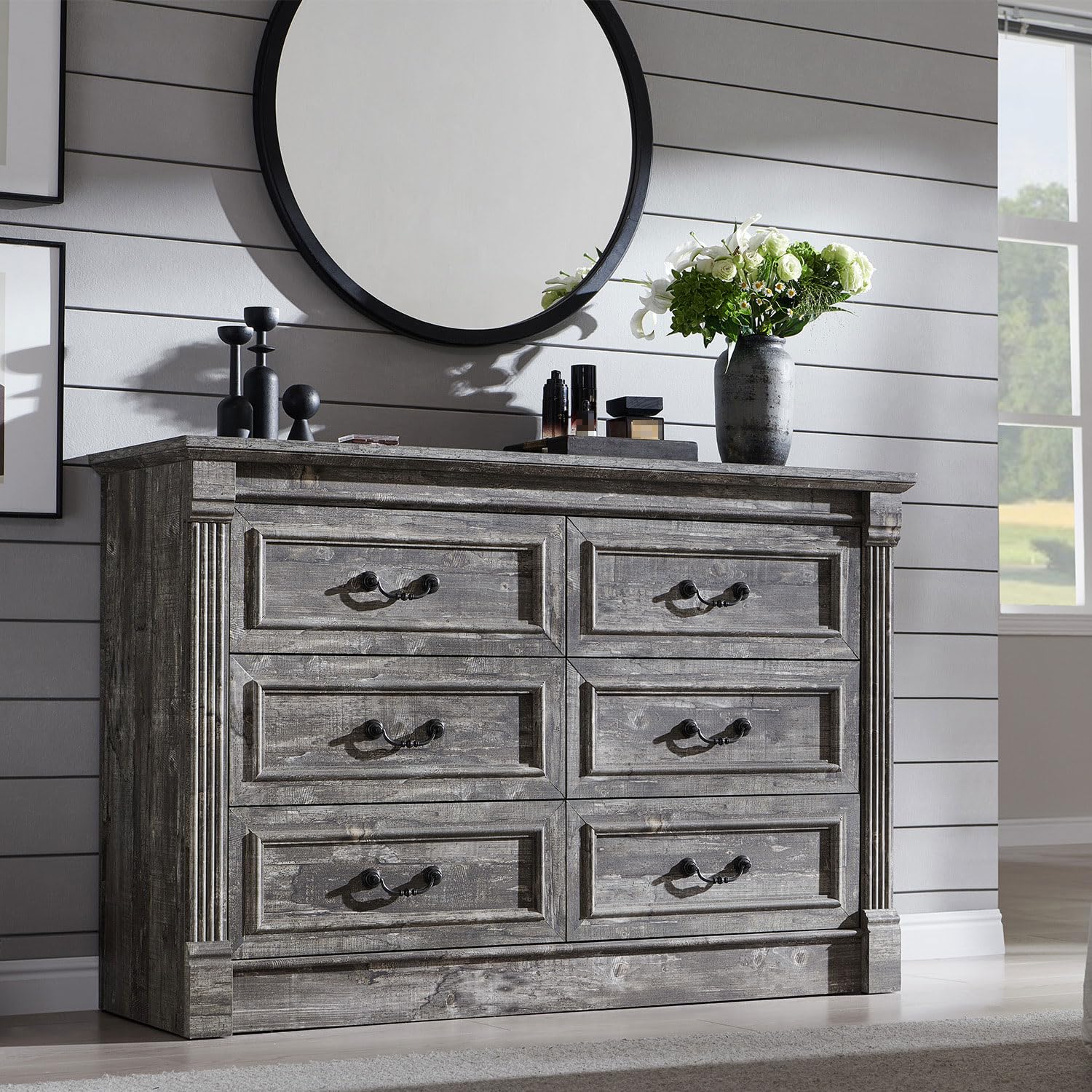 Aitjunz 5 Drawers Dresser for Bedroom, Farmhouse 46" Tall Dressers & Chests of Drawers w/Roman Column, Wood Rustic Closet Dresser w/Two Different Drawer Sizes for Bedroom, Living Room, Light Grey