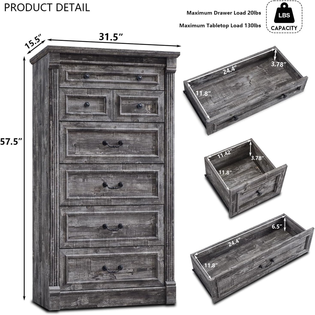Aitjunz 5 Drawers Dresser for Bedroom, Farmhouse 46" Tall Dressers & Chests of Drawers w/Roman Column, Wood Rustic Closet Dresser w/Two Different Drawer Sizes for Bedroom, Living Room, Light Grey