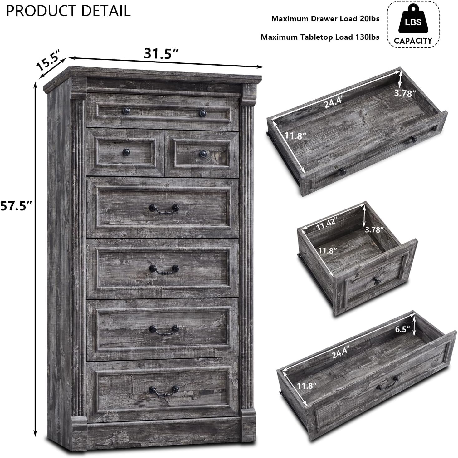 Aitjunz 5 Drawers Dresser for Bedroom, Farmhouse 46" Tall Dressers & Chests of Drawers w/Roman Column, Wood Rustic Closet Dresser w/Two Different Drawer Sizes for Bedroom, Living Room, Light Grey