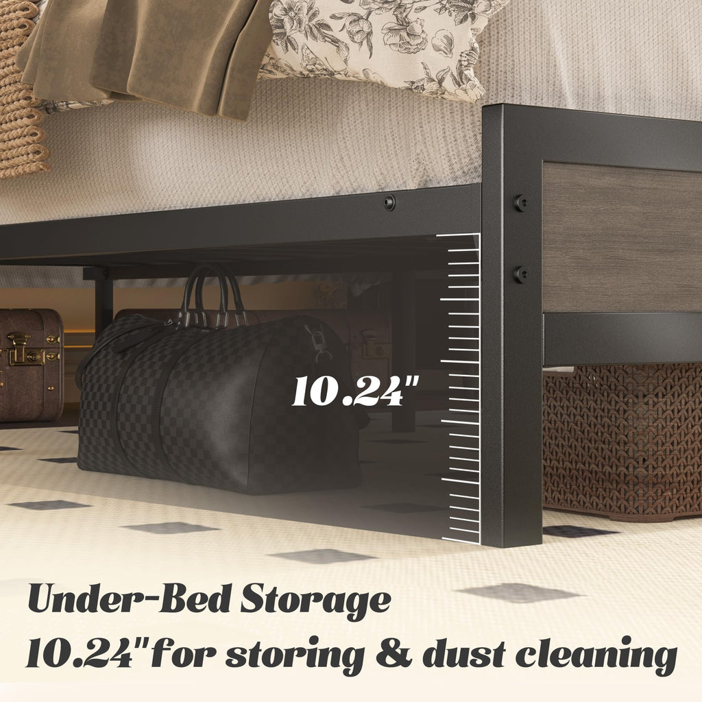 Fluest Queen Bed Frame with Headboard & Footboard, Bed Frame with Built-in Charging Station & LED Light, Storage Shelf, Noise-Free, No Box Spring Needed, Easy Assembly, Classic Black