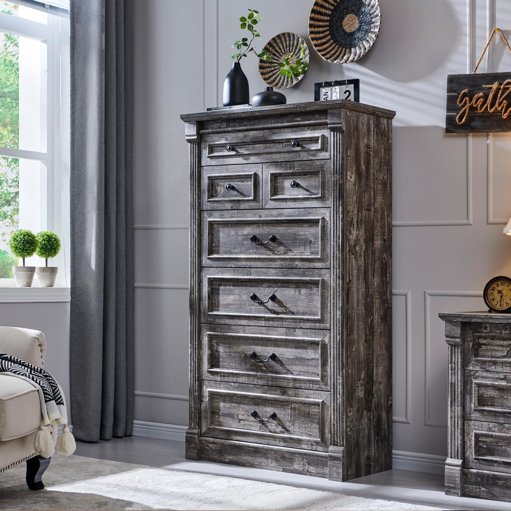 Aitjunz 5 Drawers Dresser for Bedroom, Farmhouse 46" Tall Dressers & Chests of Drawers w/Roman Column, Wood Rustic Closet Dresser w/Two Different Drawer Sizes for Bedroom, Living Room, Light Grey