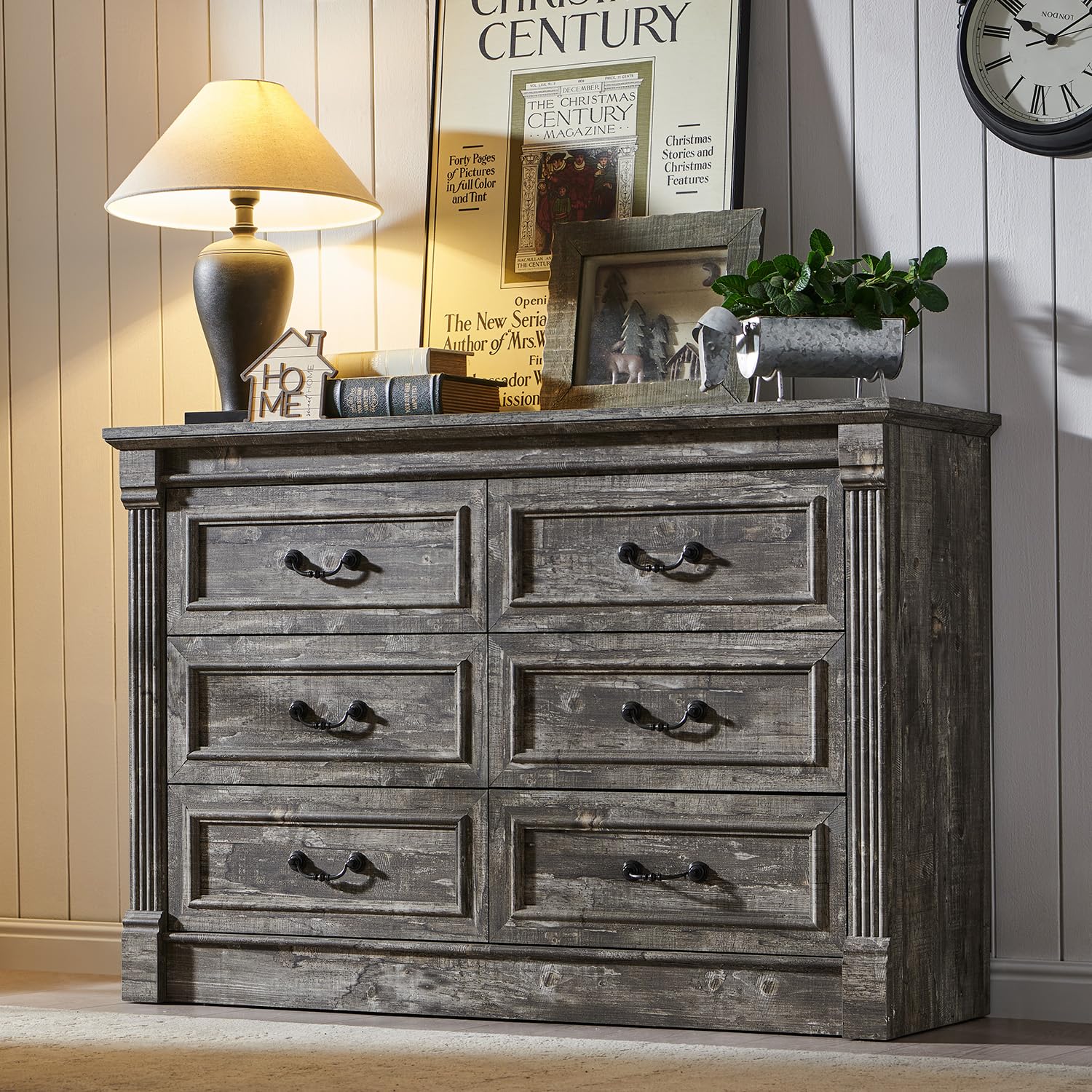 Aitjunz 5 Drawers Dresser for Bedroom, Farmhouse 46" Tall Dressers & Chests of Drawers w/Roman Column, Wood Rustic Closet Dresser w/Two Different Drawer Sizes for Bedroom, Living Room, Light Grey