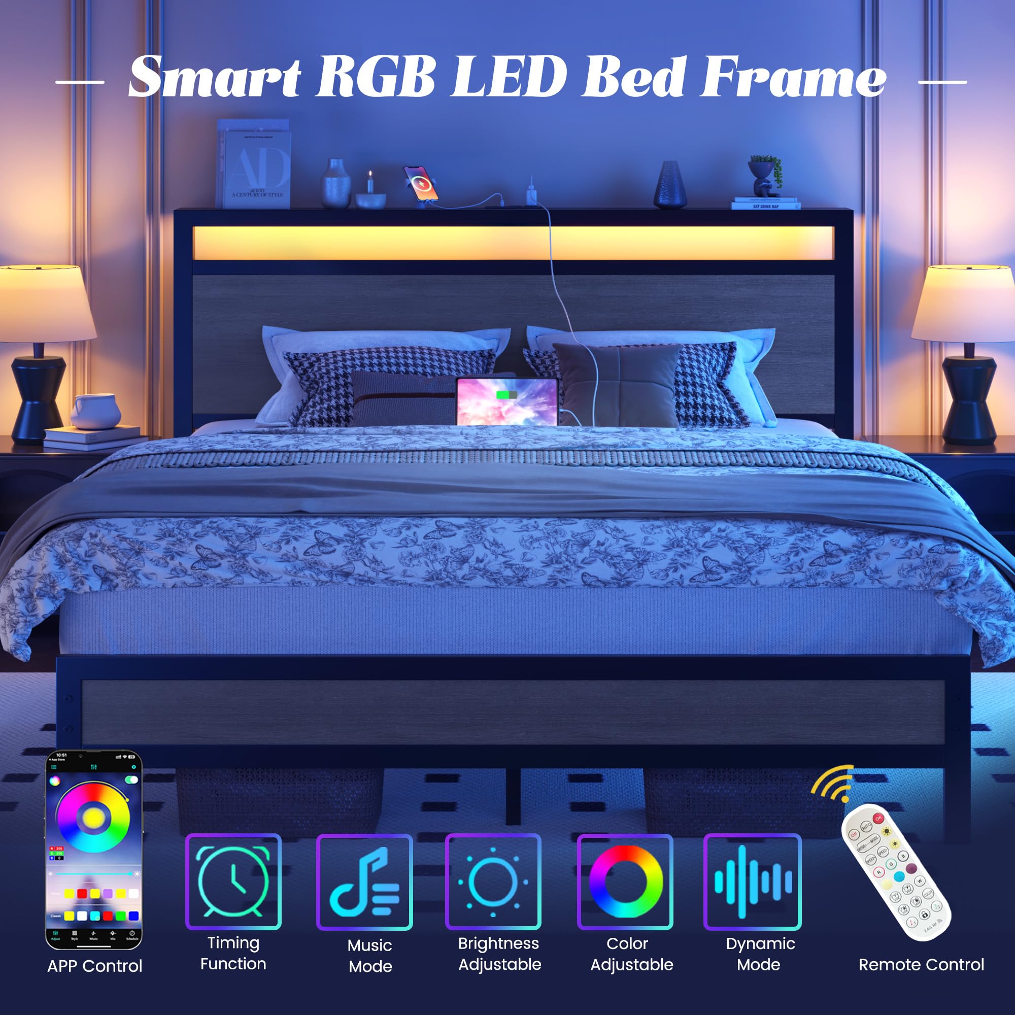 Fluest Queen Bed Frame with Headboard & Footboard, Bed Frame with Built-in Charging Station & LED Light, Storage Shelf, Noise-Free, No Box Spring Needed, Easy Assembly, Classic Black