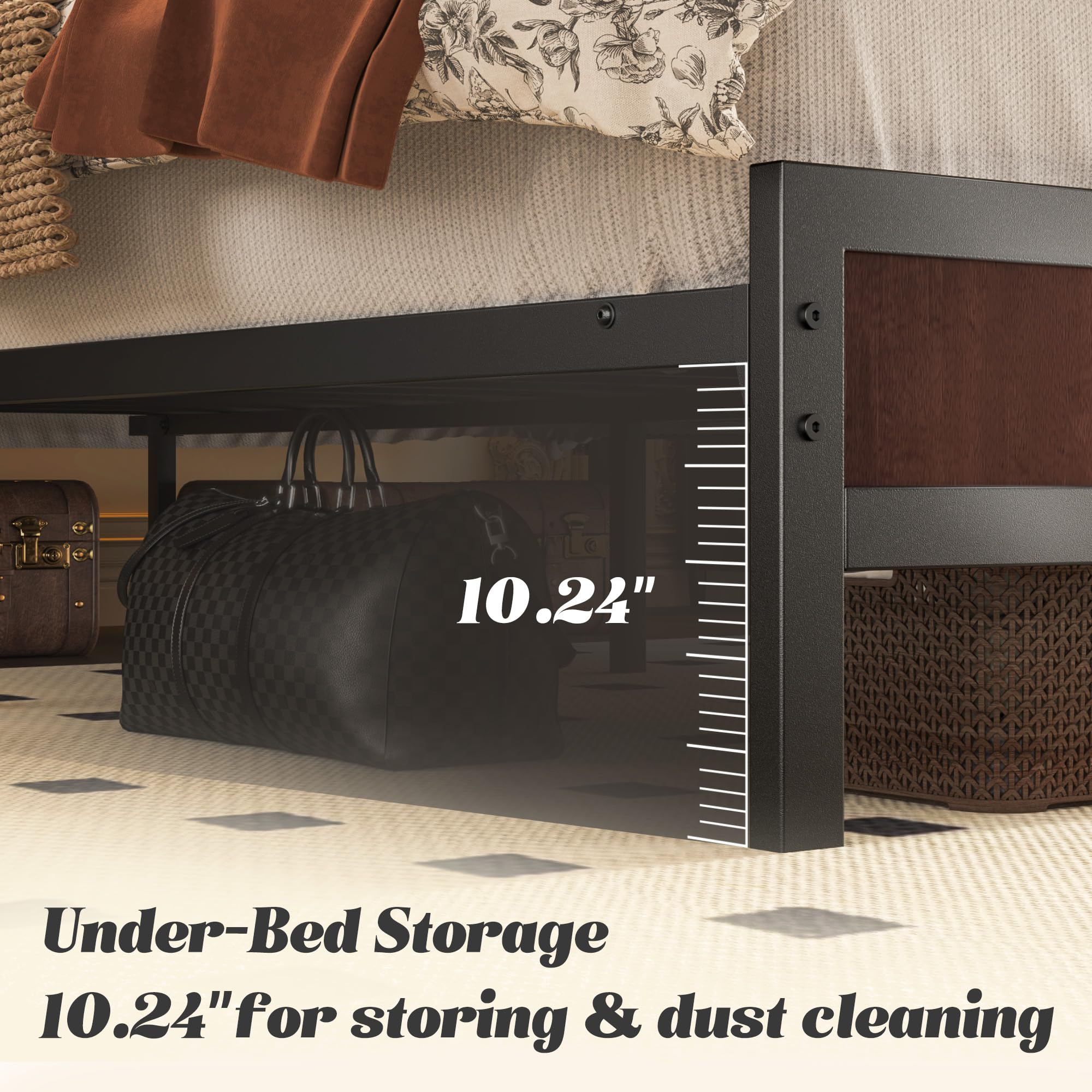 Fluest Queen Bed Frame with Headboard & Footboard, Bed Frame with Built-in Charging Station & LED Light, Storage Shelf, Noise-Free, No Box Spring Needed, Easy Assembly, Classic Black