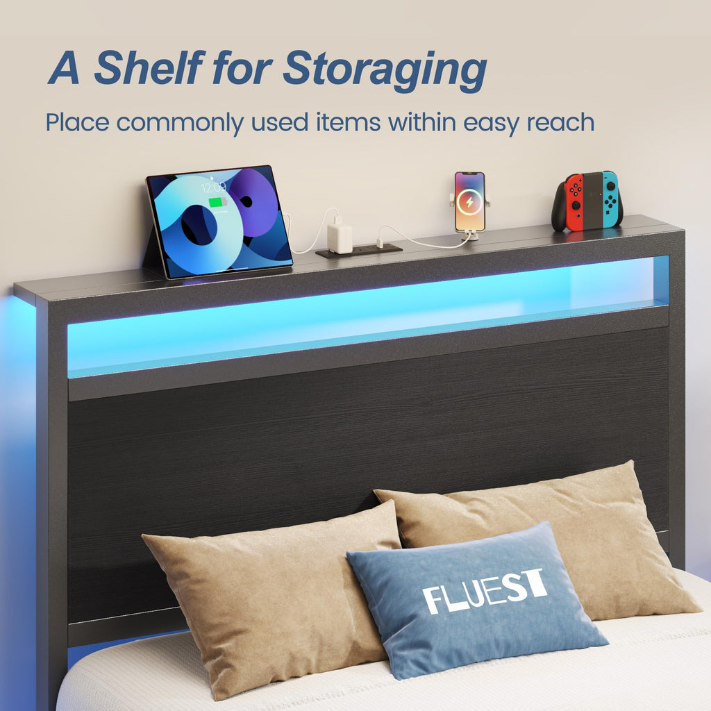 Fluest Queen Bed Frame with Headboard & Footboard, Bed Frame with Built-in Charging Station & LED Light, Storage Shelf, Noise-Free, No Box Spring Needed, Easy Assembly, Classic Black