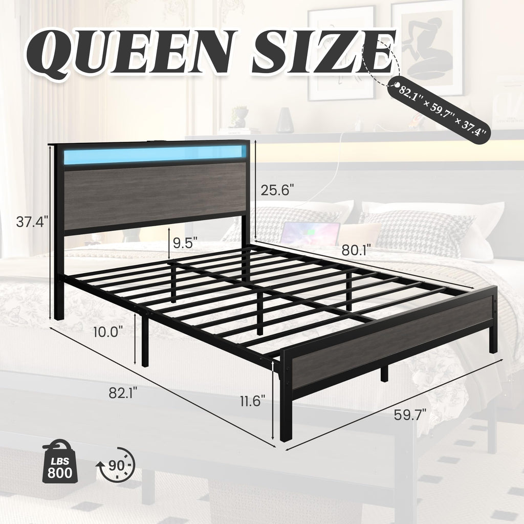 Fluest Queen Bed Frame with Headboard & Footboard, Bed Frame with Built-in Charging Station & LED Light, Storage Shelf, Noise-Free, No Box Spring Needed, Easy Assembly, Classic Black