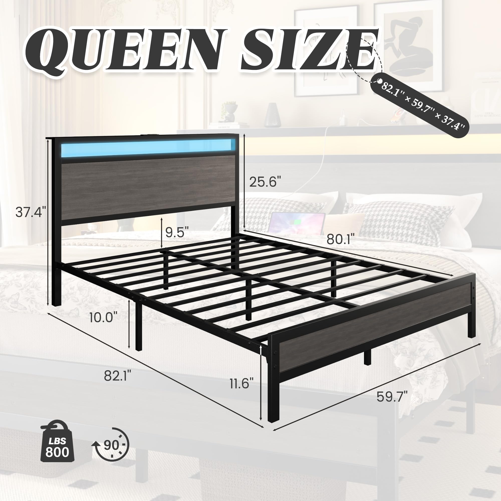 Fluest Queen Bed Frame with Headboard & Footboard, Bed Frame with Built-in Charging Station & LED Light, Storage Shelf, Noise-Free, No Box Spring Needed, Easy Assembly, Classic Black