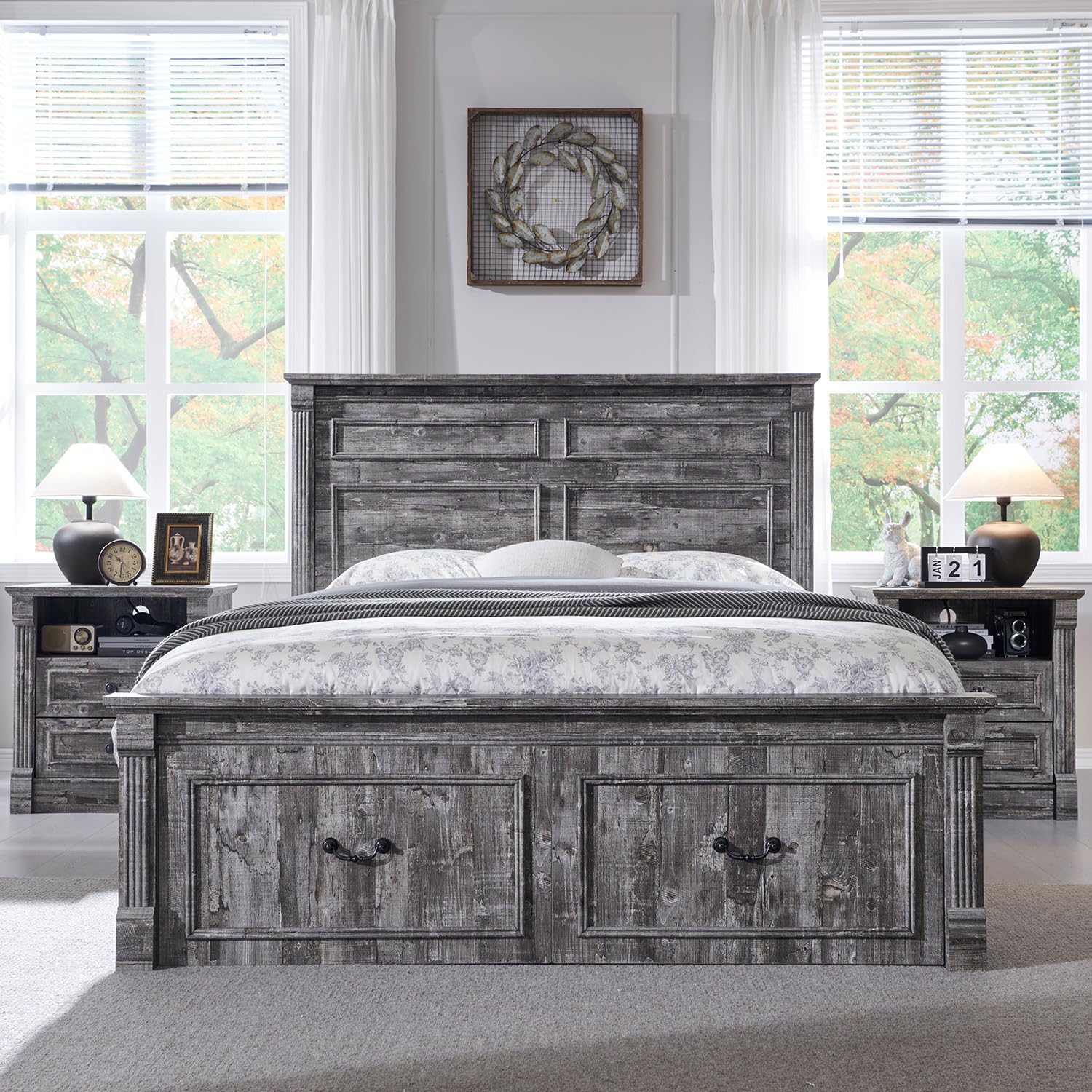Aitjunz 26" Tall Farmhouse Nightstand Set of 2, 3 Drawers End Table w/Charging Station, 23.6" Wide Large Side Table w/Roman Column, Wood Rustic Sofa Table for Bedroom, Light Gray