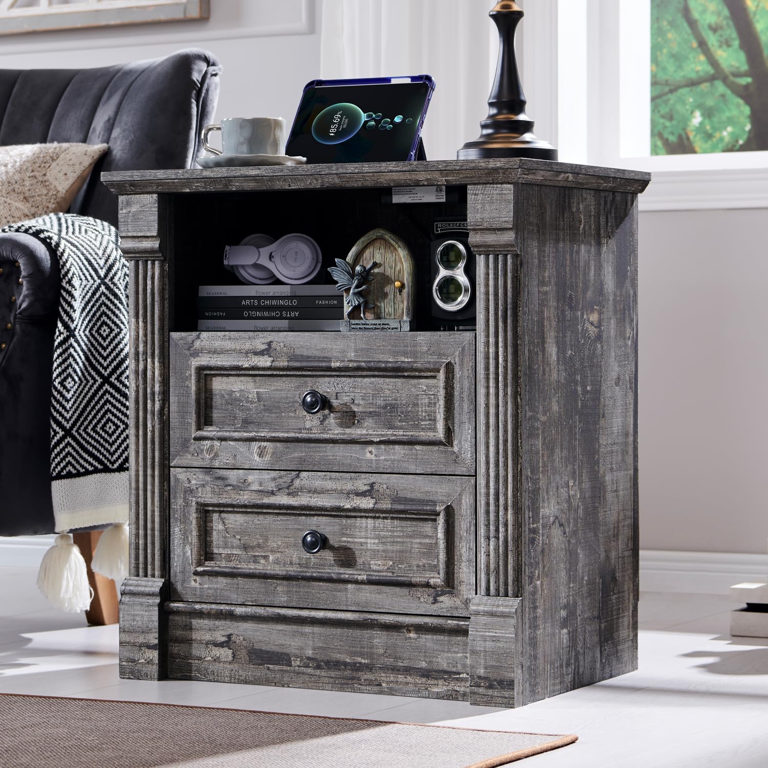 Aitjunz 5 Drawers Dresser for Bedroom, Farmhouse 46" Tall Dressers & Chests of Drawers w/Roman Column, Wood Rustic Closet Dresser w/Two Different Drawer Sizes for Bedroom, Living Room, Light Grey