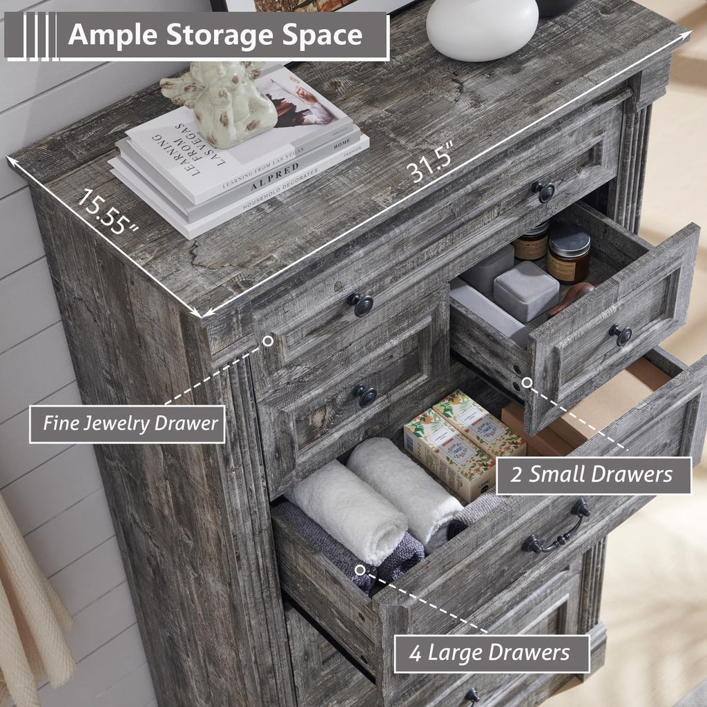Aitjunz 5 Drawers Dresser for Bedroom, Farmhouse 46" Tall Dressers & Chests of Drawers w/Roman Column, Wood Rustic Closet Dresser w/Two Different Drawer Sizes for Bedroom, Living Room, Light Grey