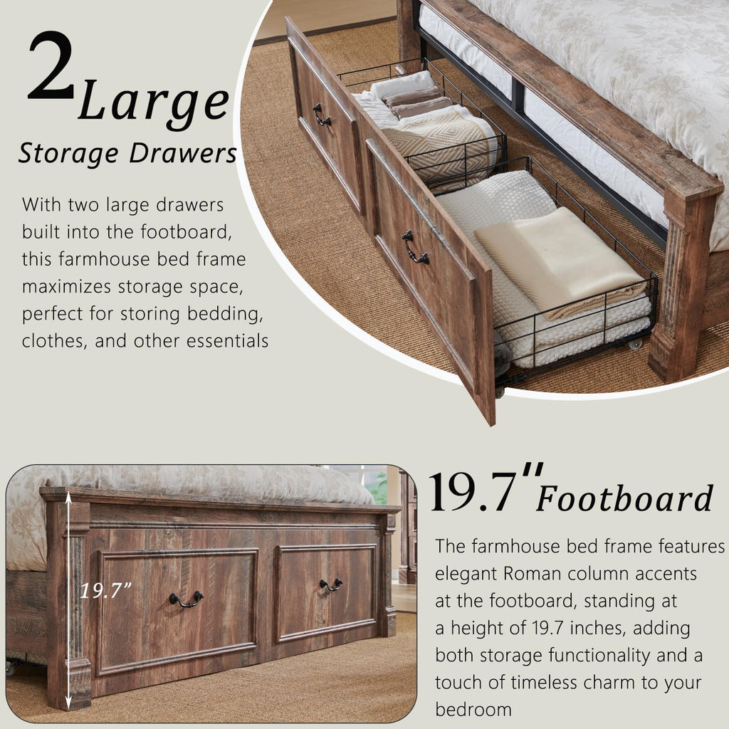 Aitjunz Farmhouse Queen Size Bed Frame with 51" Tall Headboard, Wood Platform Bed Frame with 20" Tall Roman Column Decoration Footboard & 2 Large Storage Drawers, No Box Spring Needed (Light Grey)