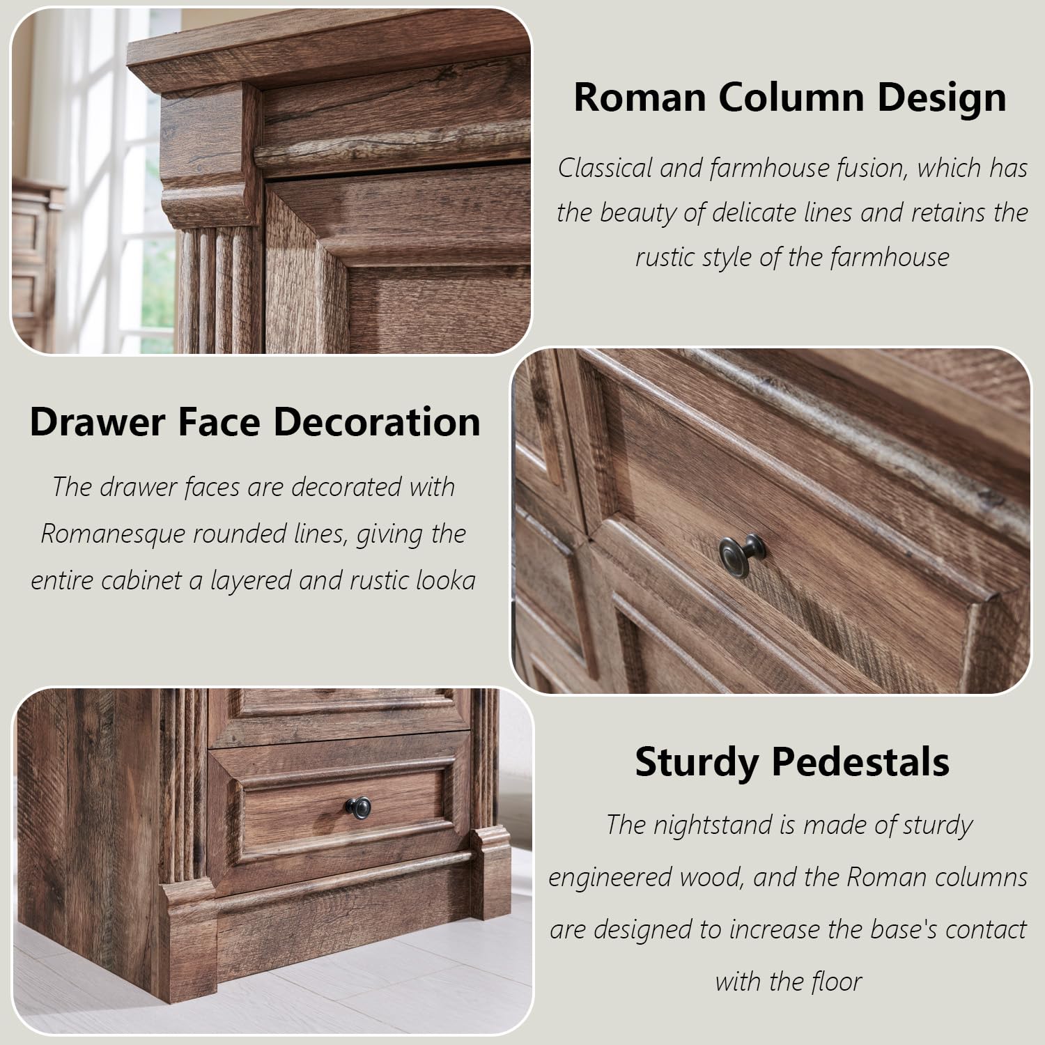 Aitjunz 5 Drawers Dresser for Bedroom, Farmhouse 46" Tall Dressers & Chests of Drawers w/Roman Column, Wood Rustic Closet Dresser w/Two Different Drawer Sizes for Bedroom, Living Room, Light Grey