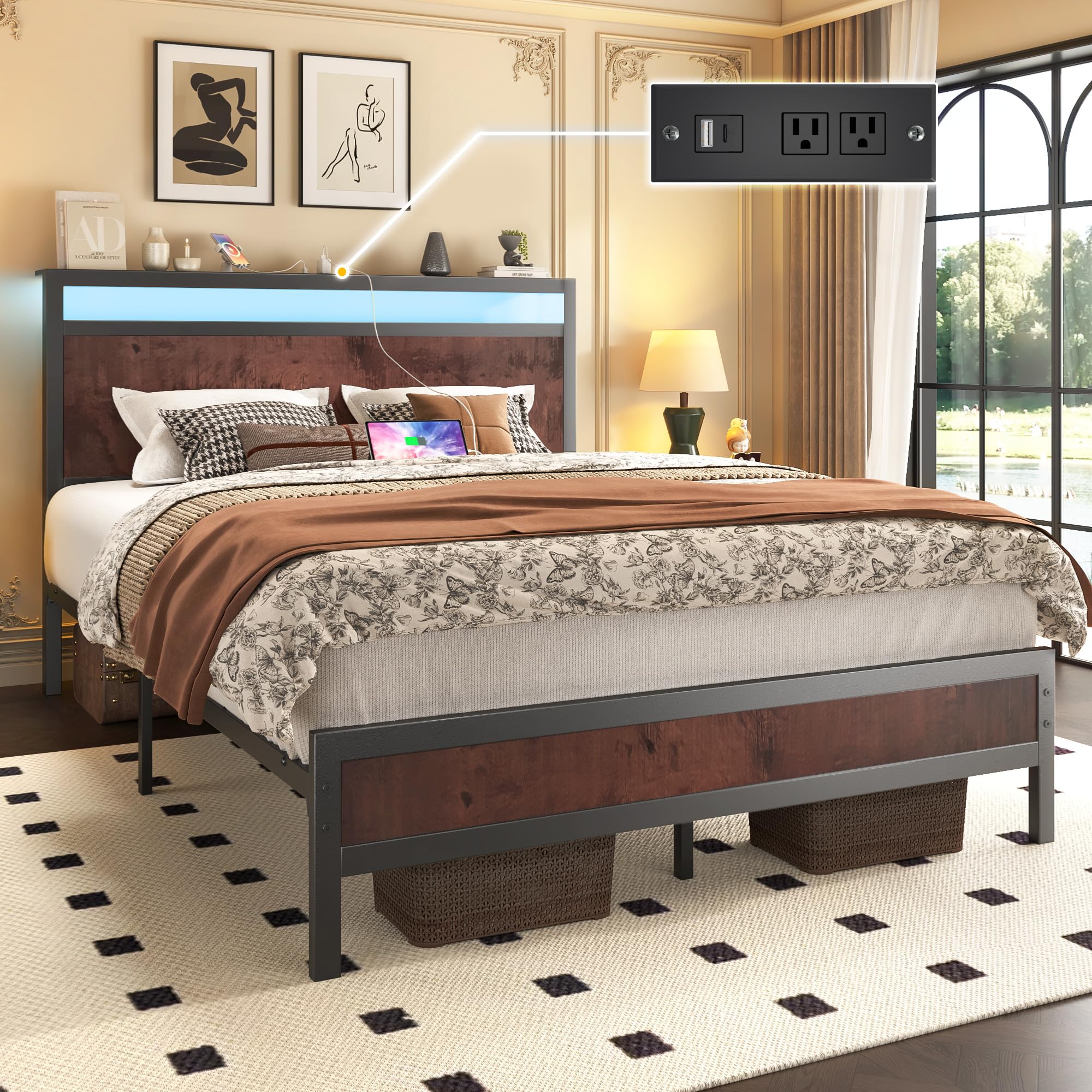 Fluest Queen Bed Frame with Headboard & Footboard, Bed Frame with Built-in Charging Station & LED Light, Storage Shelf, Noise-Free, No Box Spring Needed, Easy Assembly, Classic Black