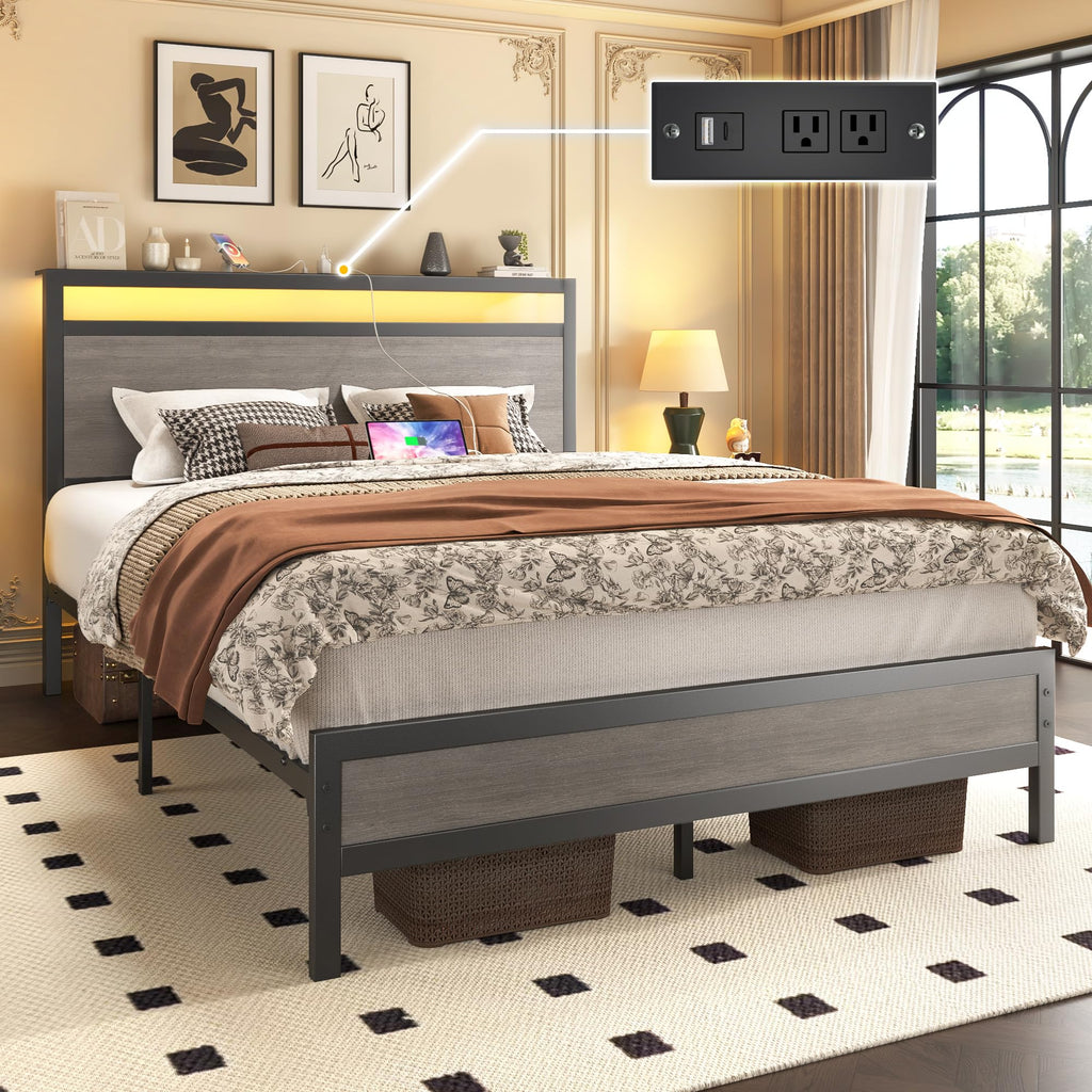 Fluest Queen Bed Frame with Headboard & Footboard, Bed Frame with Built-in Charging Station & LED Light, Storage Shelf, Noise-Free, No Box Spring Needed, Easy Assembly, Classic Black