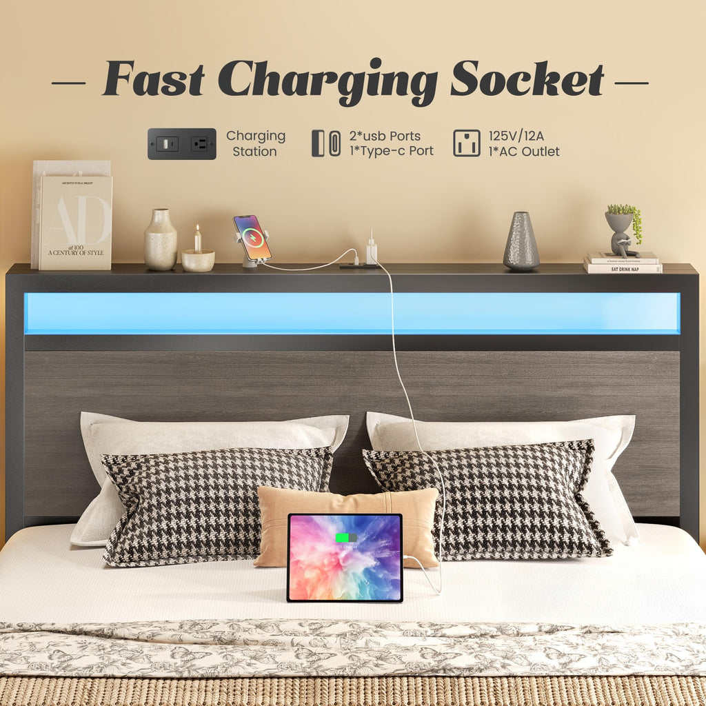 Fluest Queen Bed Frame with Headboard & Footboard, Bed Frame with Built-in Charging Station & LED Light, Storage Shelf, Noise-Free, No Box Spring Needed, Easy Assembly, Classic Black