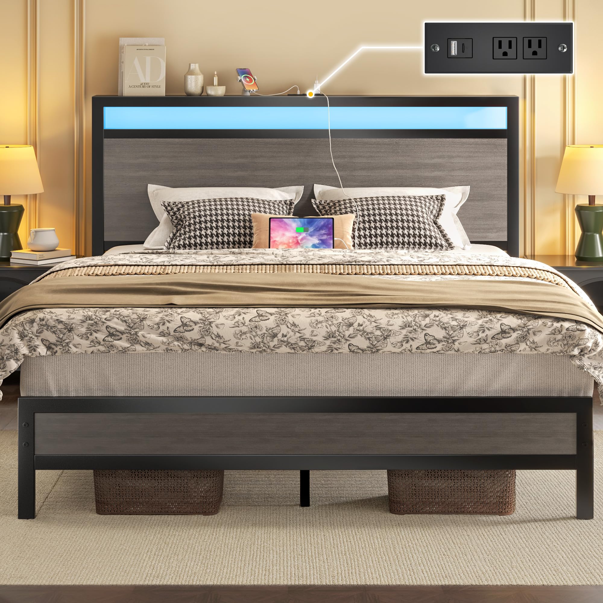 Fluest Queen Bed Frame with Headboard & Footboard, Bed Frame with Built-in Charging Station & LED Light, Storage Shelf, Noise-Free, No Box Spring Needed, Easy Assembly, Classic Black