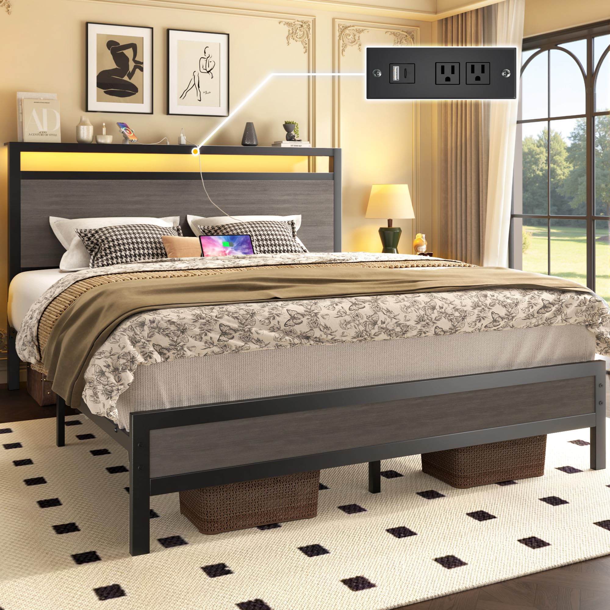 Fluest Queen Bed Frame with Headboard & Footboard, Bed Frame with Built-in Charging Station & LED Light, Storage Shelf, Noise-Free, No Box Spring Needed, Easy Assembly, Classic Black