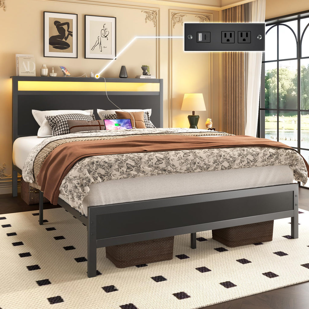 Fluest Queen Bed Frame with Headboard & Footboard, Bed Frame with Built-in Charging Station & LED Light, Storage Shelf, Noise-Free, No Box Spring Needed, Easy Assembly, Classic Black