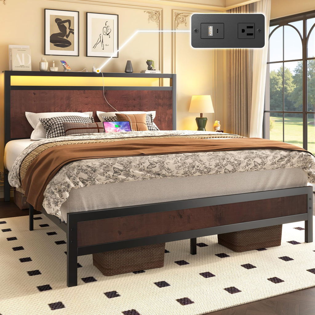 Fluest Queen Bed Frame with Headboard & Footboard, Bed Frame with Built-in Charging Station & LED Light, Storage Shelf, Noise-Free, No Box Spring Needed, Easy Assembly, Classic Black