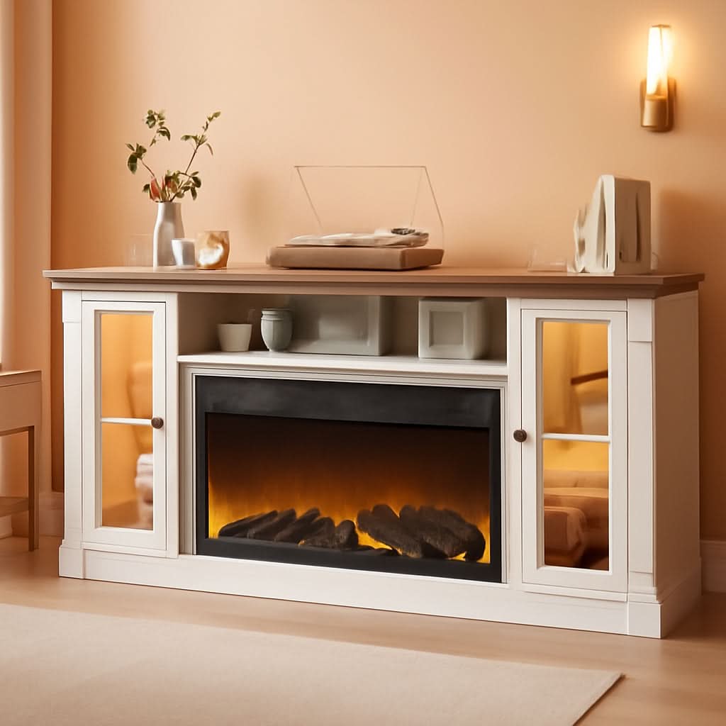 Antique White Seventy Inch TV Stand Electric Fireplace Console
